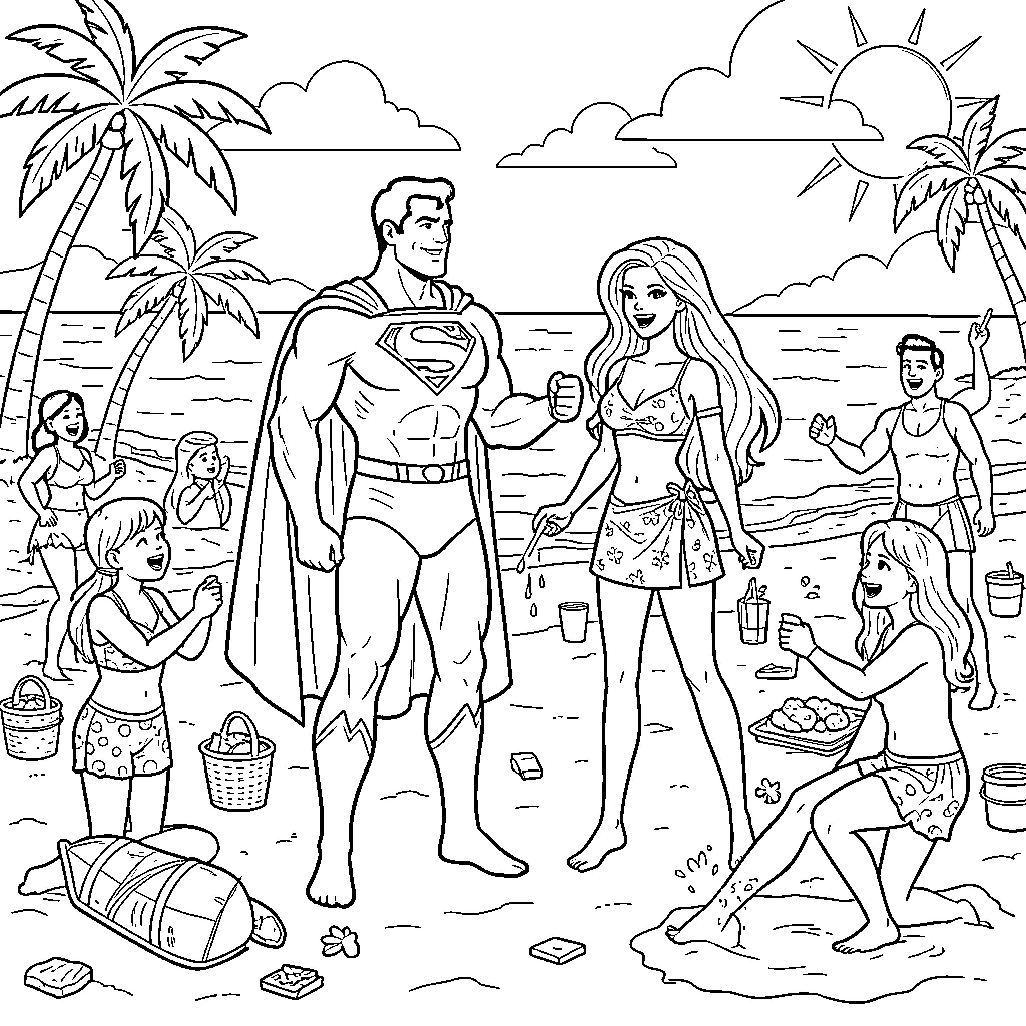 Superman standing with people at the beach Coloring Page (free black-and-white line drawing printable PDF for all, from beginners to advanced learners, including children, teens, adults, and seniors)