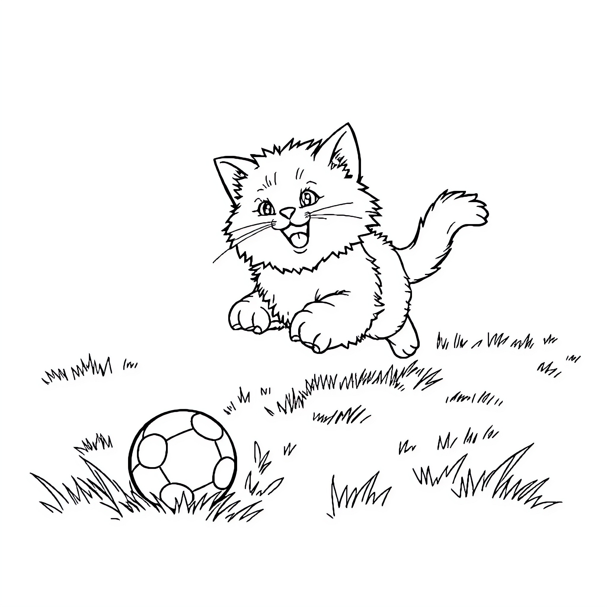 Cat playing joyfully with soccer ball in the grass Coloring Page (free black-and-white line drawing printable PDF for all, from beginners to advanced learners, including children, teens, adults, and seniors)