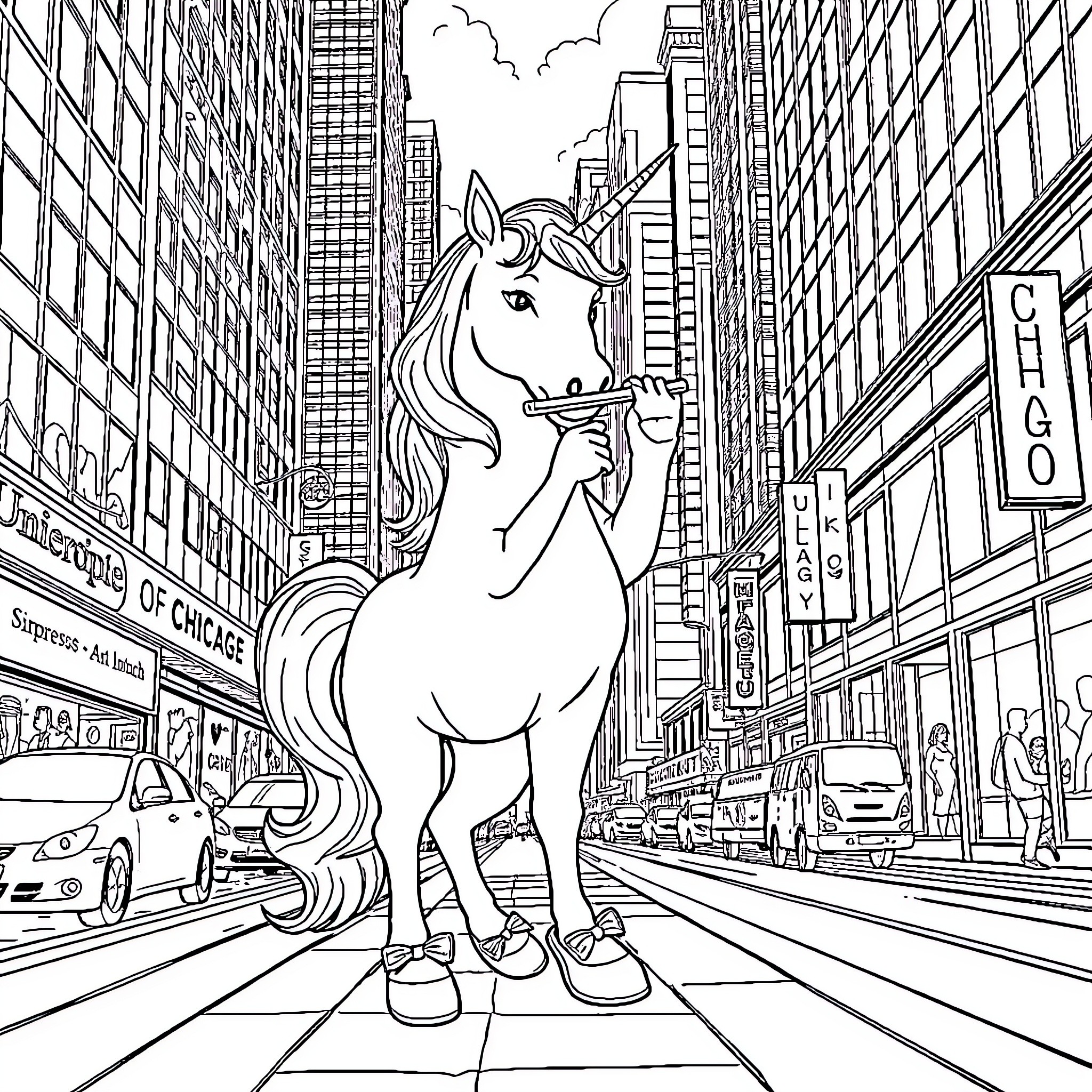 Unicorn strolling through the bustling city streets Coloring Page (free black-and-white line drawing printable PDF for all, from beginners to advanced learners, including children, teens, adults, and seniors)