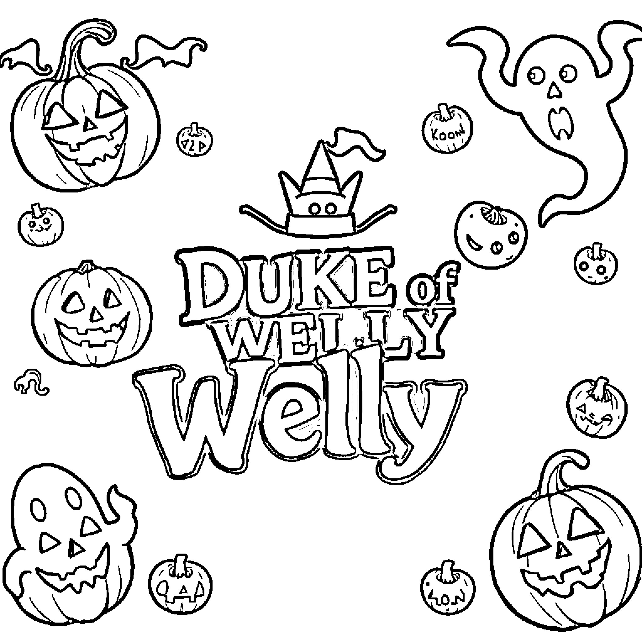 Duke of Welly's Halloween-themed adventures Coloring Page (free black-and-white line drawing printable PDF for all, from beginners to advanced learners, including children, teens, adults, and seniors)