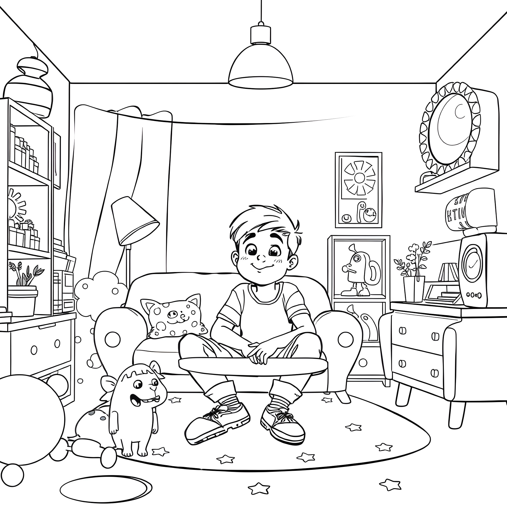 Abdl boy playing with toys in his room Coloring Page (free black-and-white line drawing printable PDF for all, from beginners to advanced learners, including children, teens, adults, and seniors)