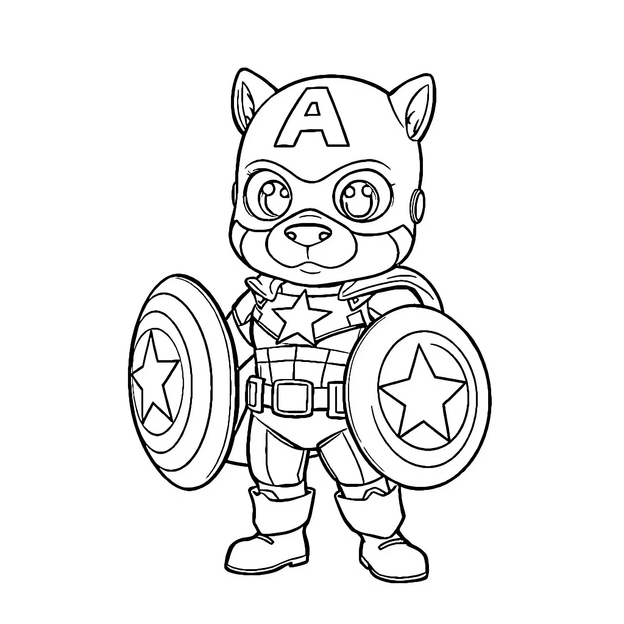 Labubu as a heroic figure in costume Coloring Page (free black-and-white line drawing printable PDF for all, from beginners to advanced learners, including children, teens, adults, and seniors)