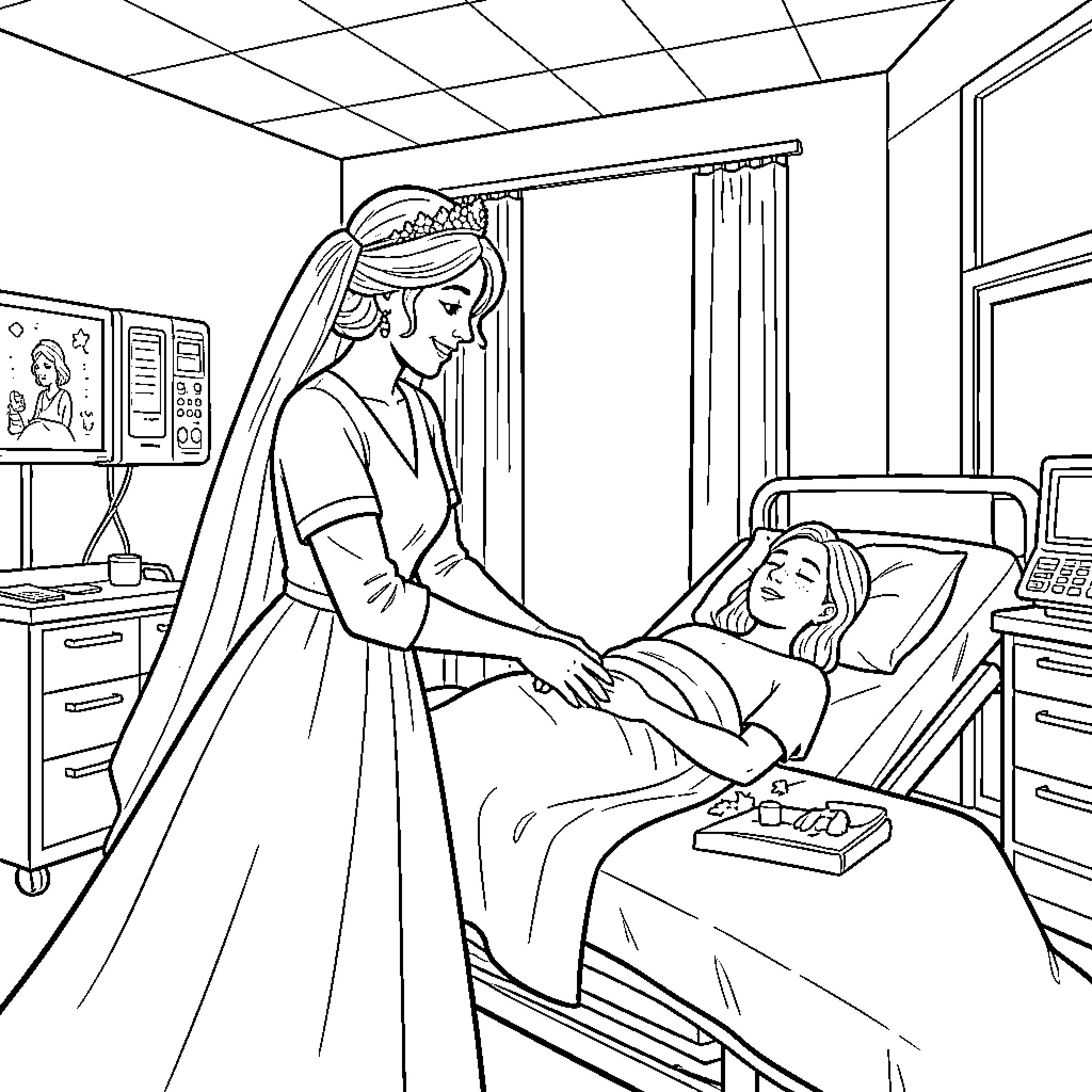 Midwife attending to a patient in a medical setting Coloring Page (free black-and-white line drawing printable PDF for all, from beginners to advanced learners, including children, teens, adults, and seniors)
