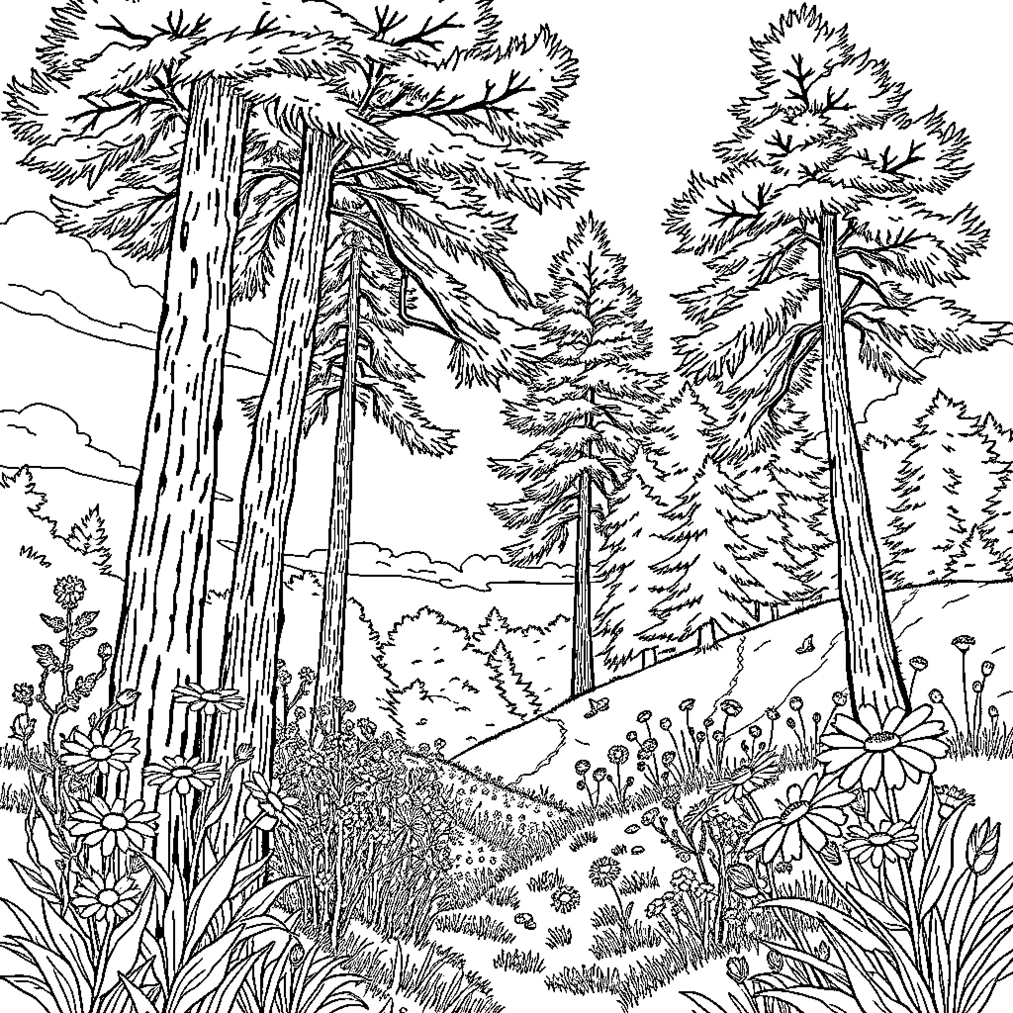 Nature's Untamed Wilderness: A Serene Forest Landscape Coloring Page (free black-and-white line drawing printable PDF for all, from beginners to advanced learners, including children, teens, adults, and seniors)