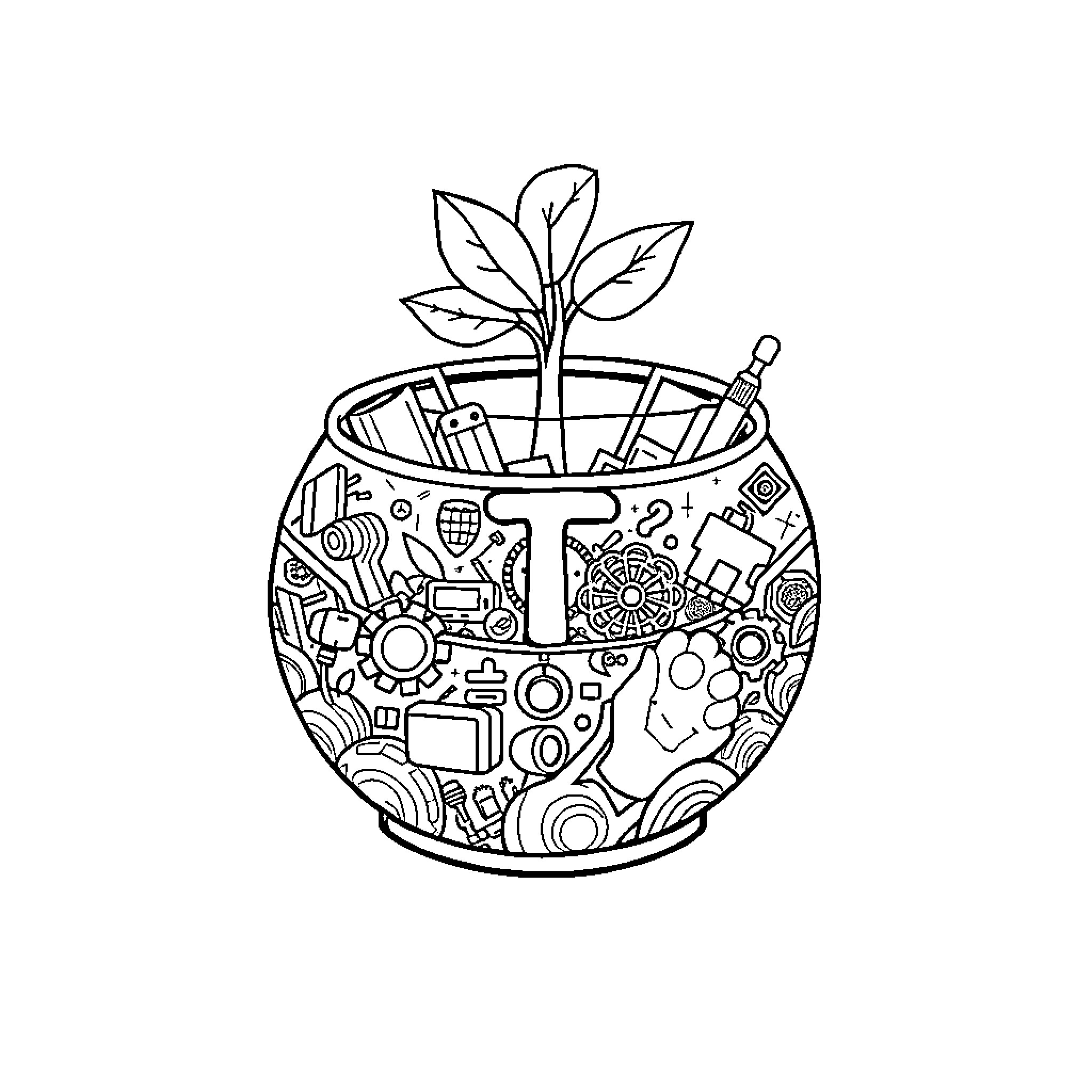 Pot of Machinery and Nature Coloring Page (free black-and-white line drawing printable PDF for all, from beginners to advanced learners, including children, teens, adults, and seniors)