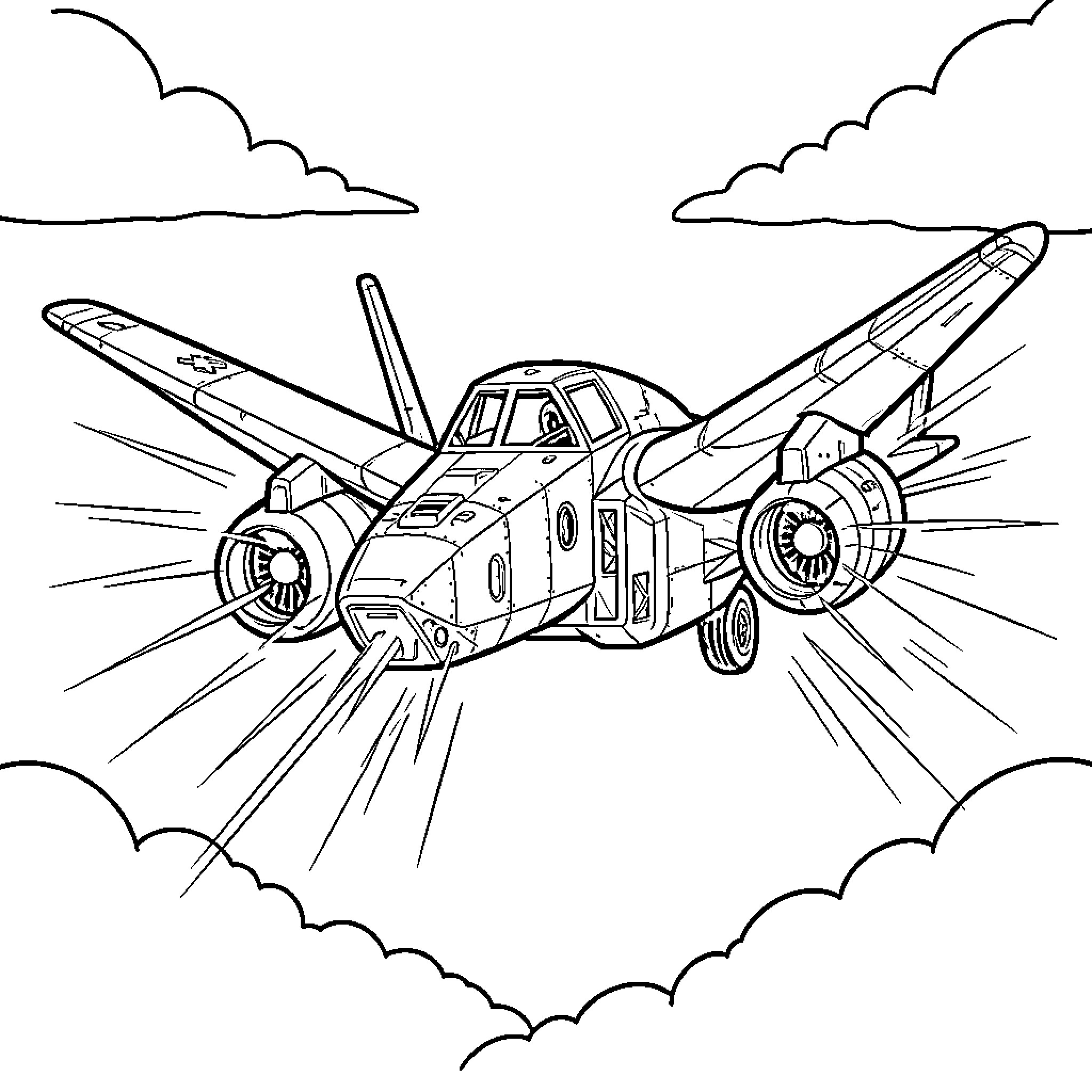 A-10 aircraft in flight with dramatic clouds Coloring Page (free black-and-white line drawing printable PDF for all, from beginners to advanced learners, including children, teens, adults, and seniors)