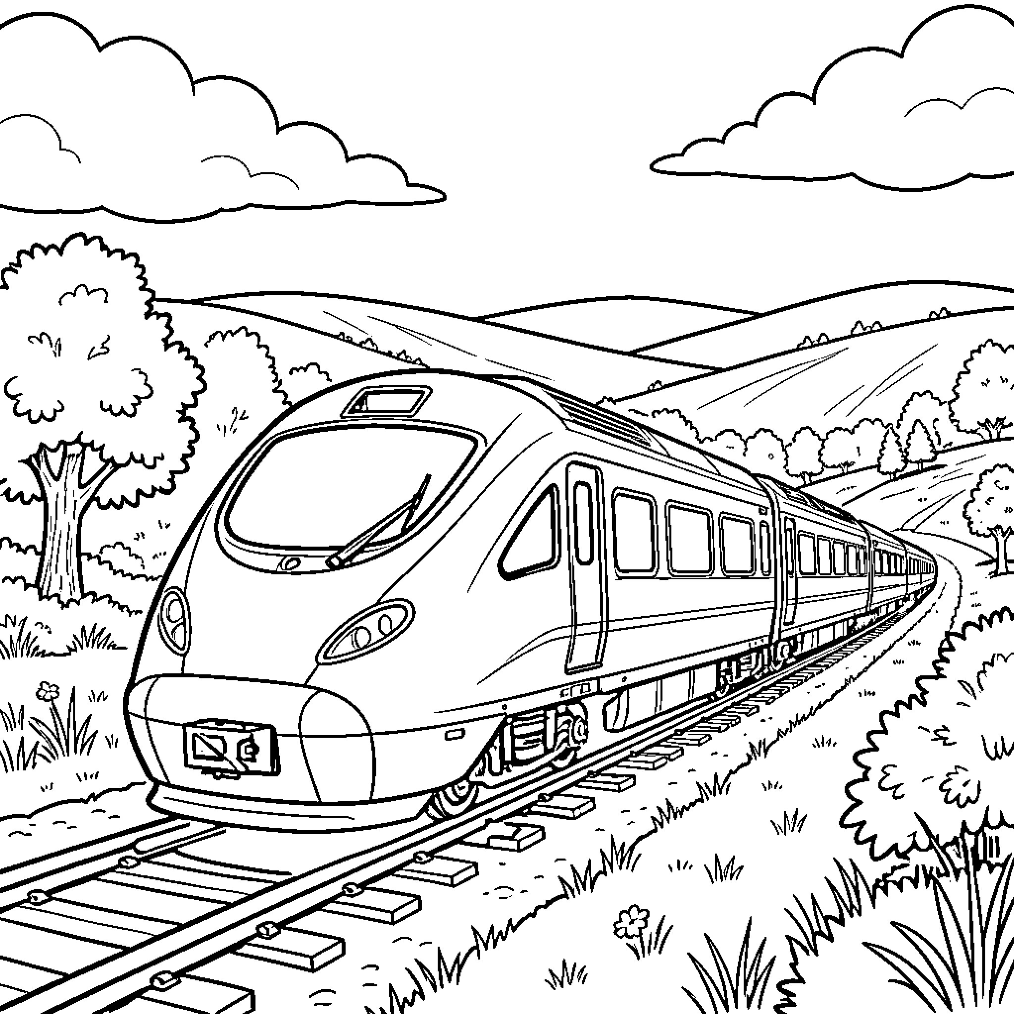 Train traveling through a scenic hilly landscape Coloring Page (free black-and-white line drawing printable PDF for all, from beginners to advanced learners, including children, teens, adults, and seniors)