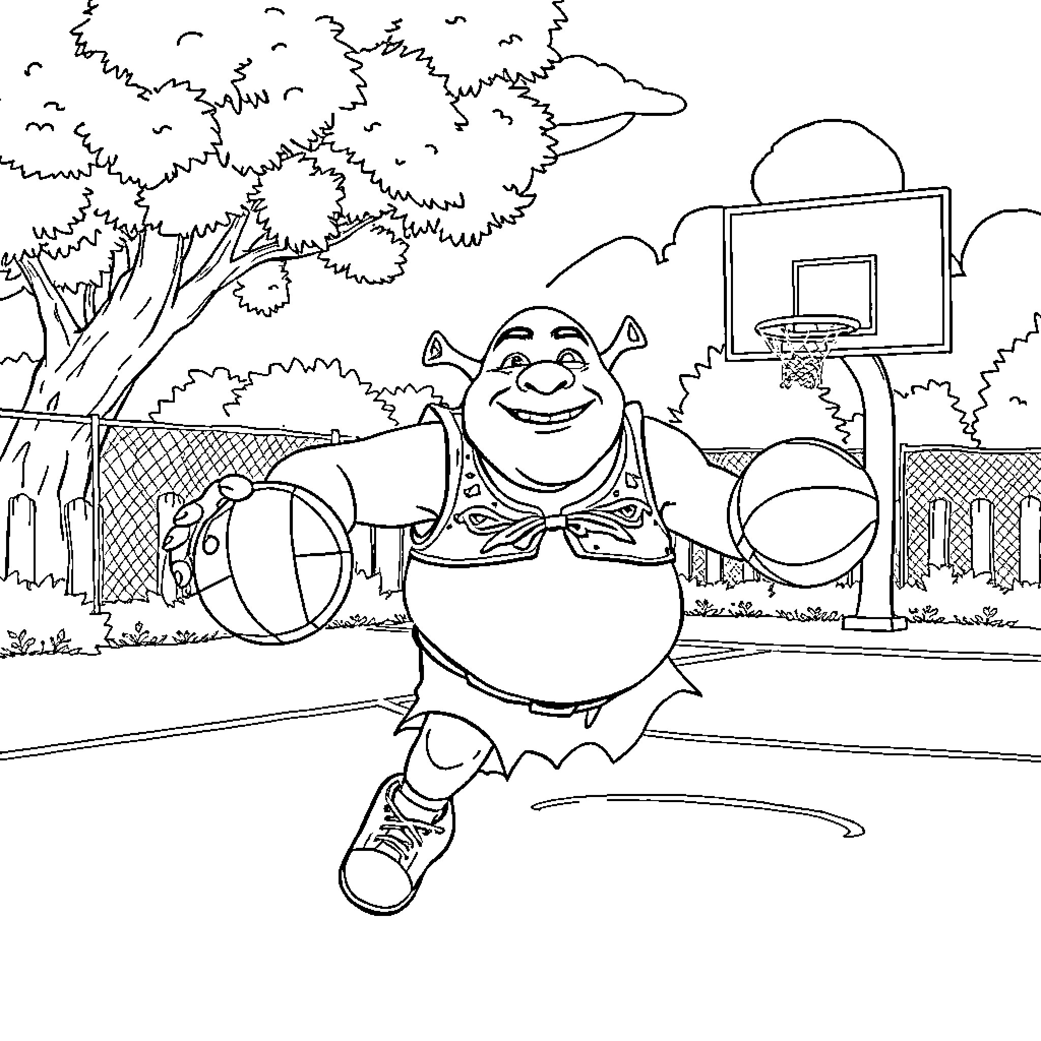 Shrek playing basketball happily on the court Coloring Page (free black-and-white line drawing printable PDF for all, from beginners to advanced learners, including children, teens, adults, and seniors)
