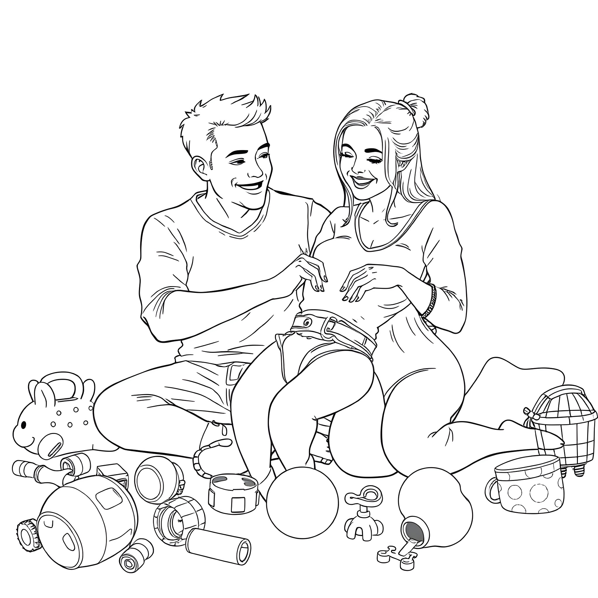 Man and woman playing with toys together Coloring Page (free black-and-white line drawing printable PDF for all, from beginners to advanced learners, including children, teens, adults, and seniors)