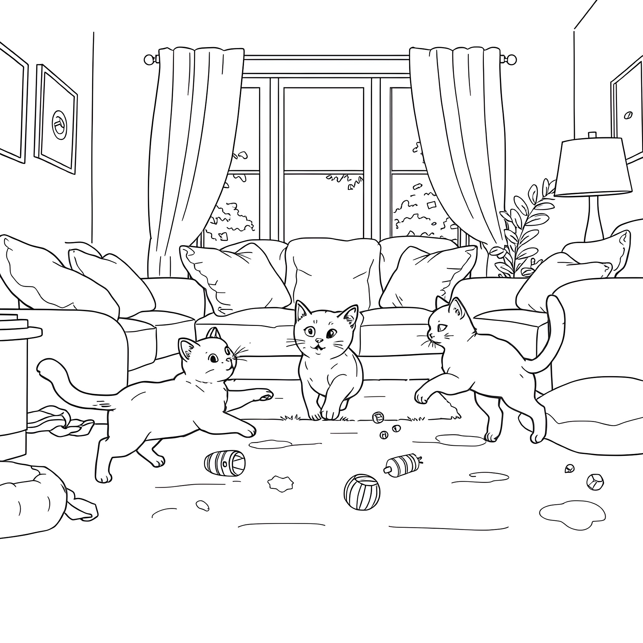 Cats playing joyfully in the living room Coloring Page (free black-and-white line drawing printable PDF for all, from beginners to advanced learners, including children, teens, adults, and seniors)