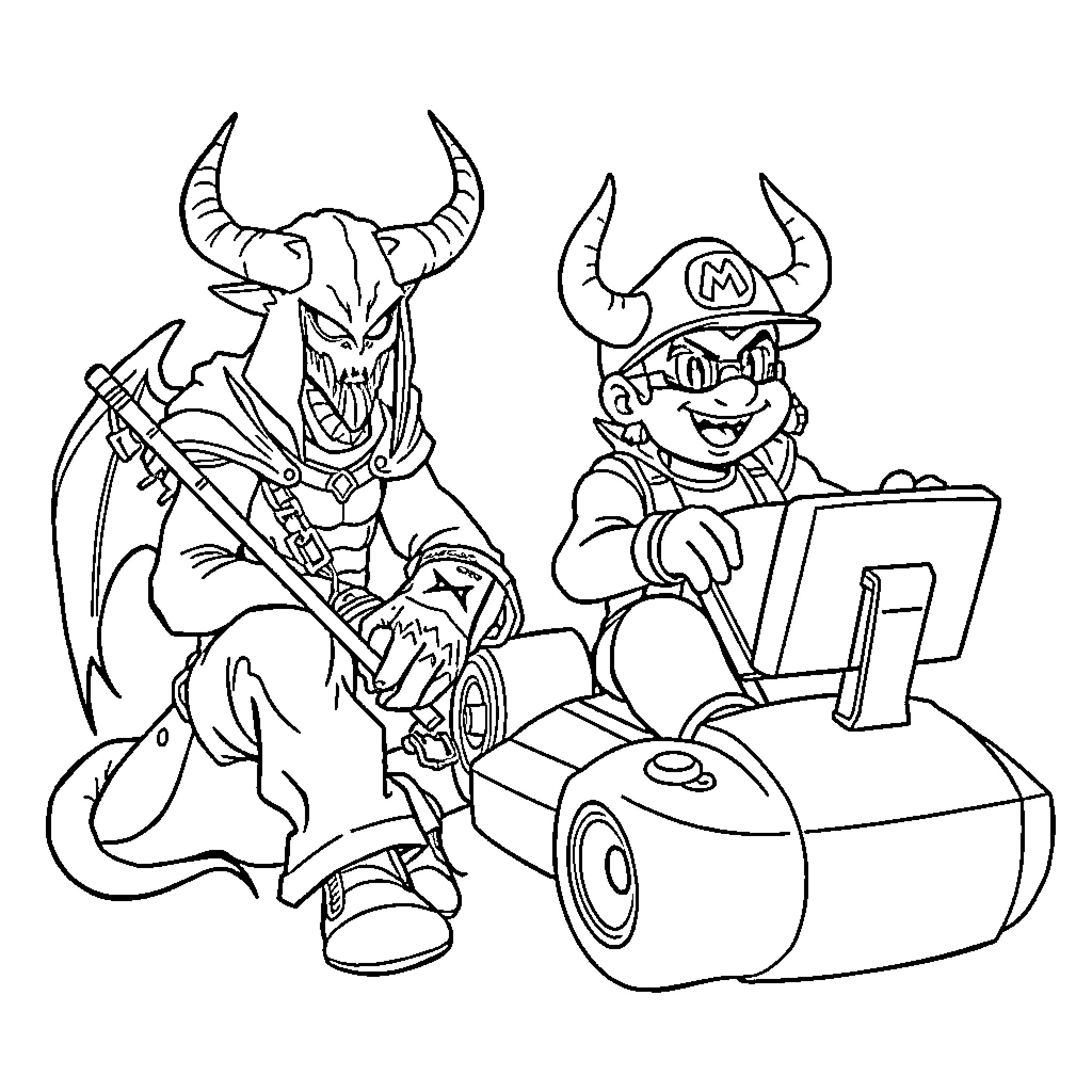 Demon Hunter and a Mischievous Companion in Action Coloring Page (free black-and-white line drawing printable PDF for all, from beginners to advanced learners, including children, teens, adults, and seniors)