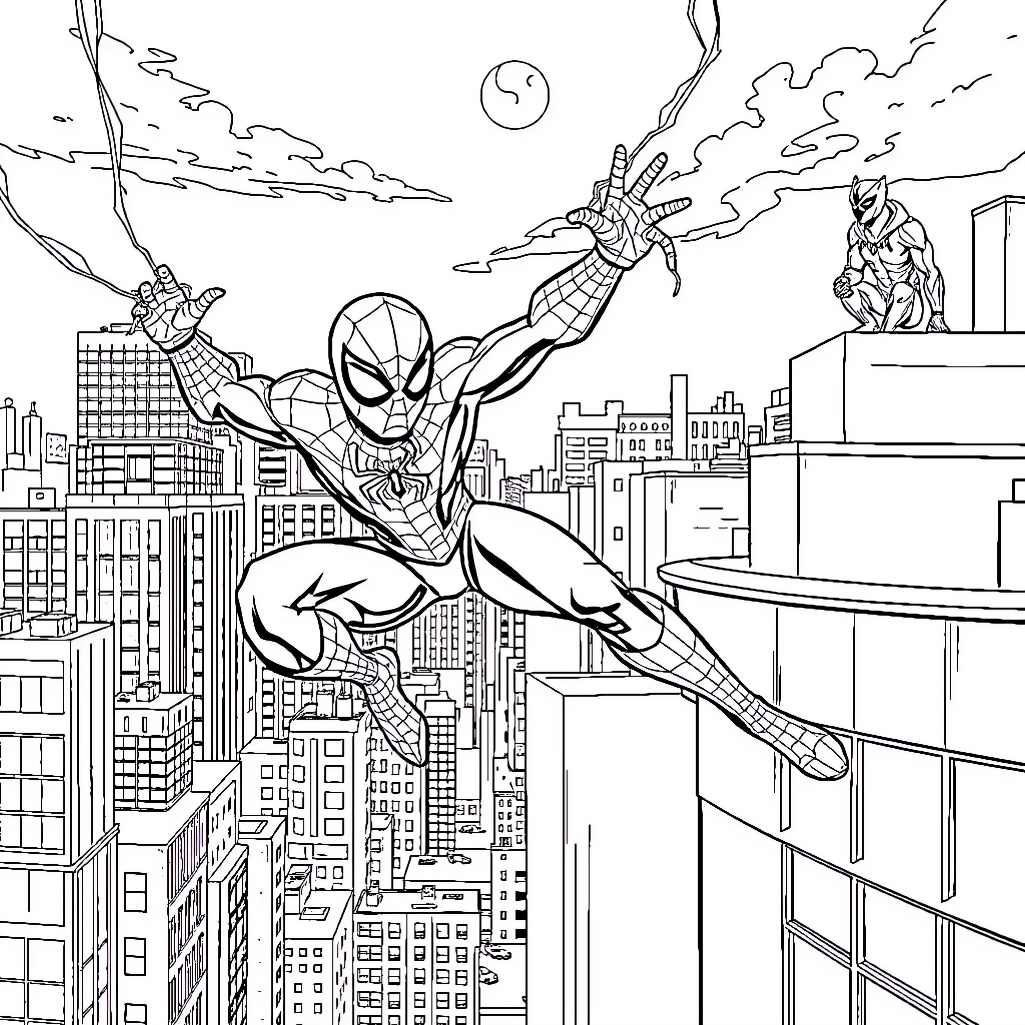 Spider hero swinging through the city skyline Coloring Page (free black-and-white line drawing printable PDF for all, from beginners to advanced learners, including children, teens, adults, and seniors)