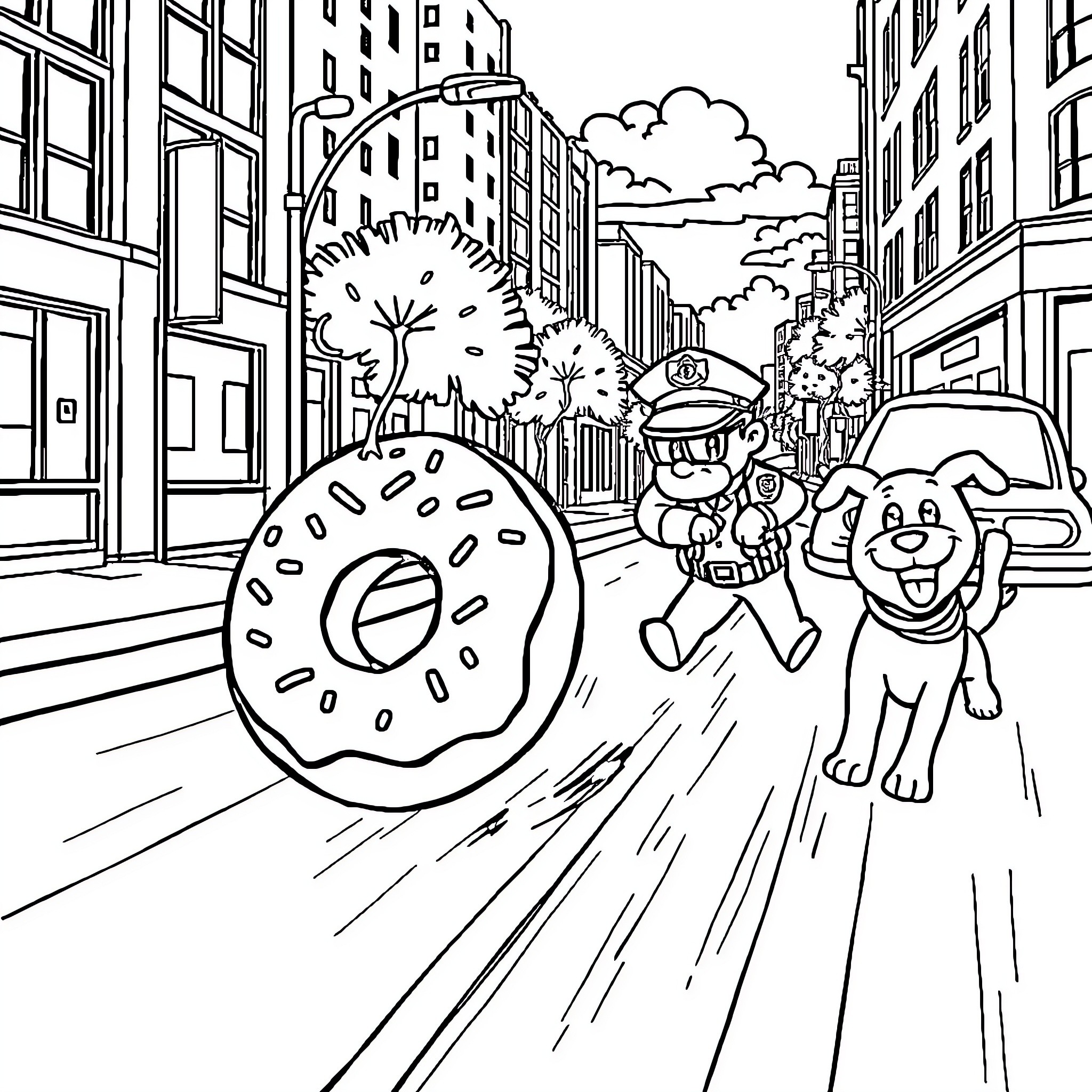Donut Madness in the City Coloring Page (free black-and-white line drawing printable PDF for all, from beginners to advanced learners, including children, teens, adults, and seniors)