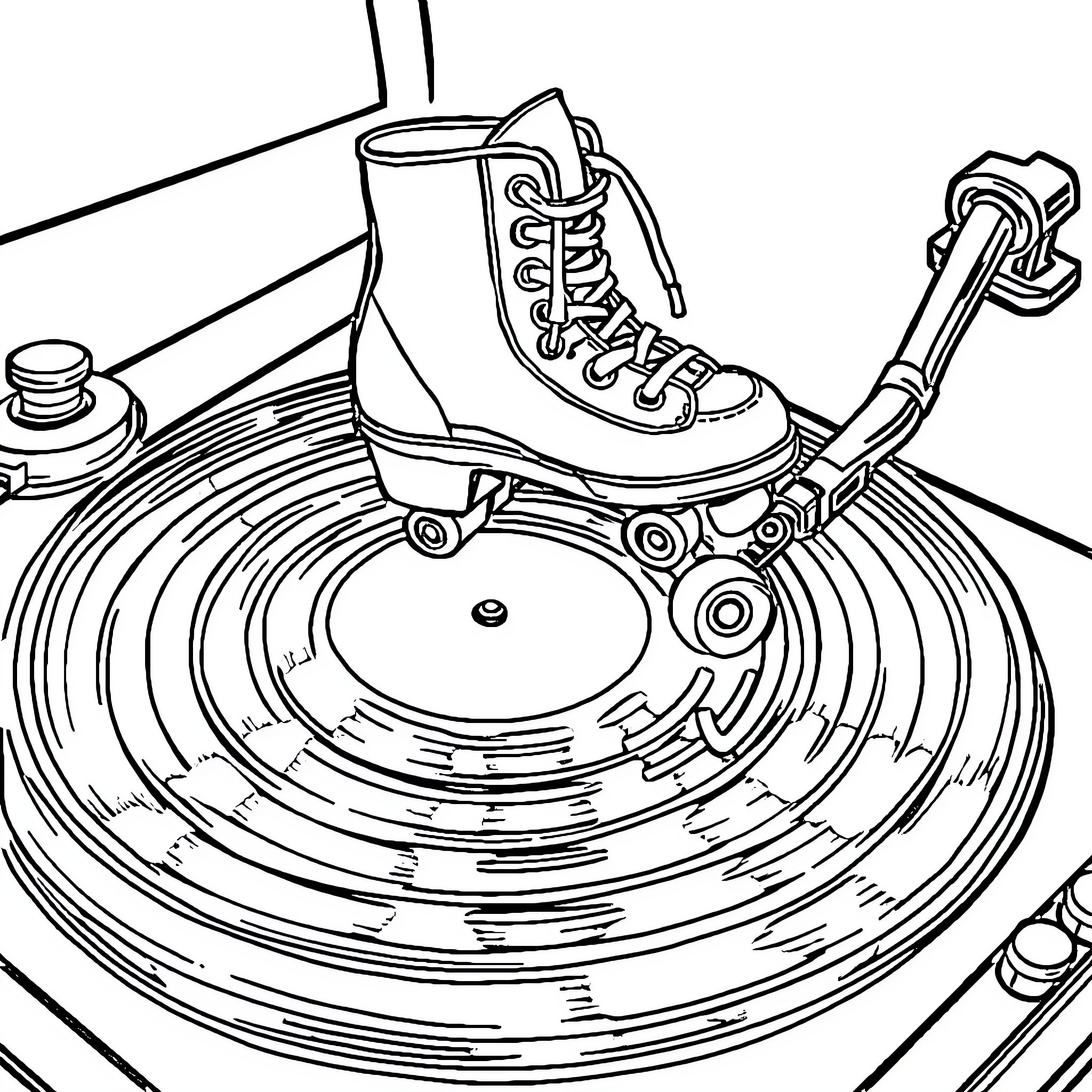 Rollerskate dancing on record player Coloring Page (free black-and-white line drawing printable PDF for all, from beginners to advanced learners, including children, teens, adults, and seniors)