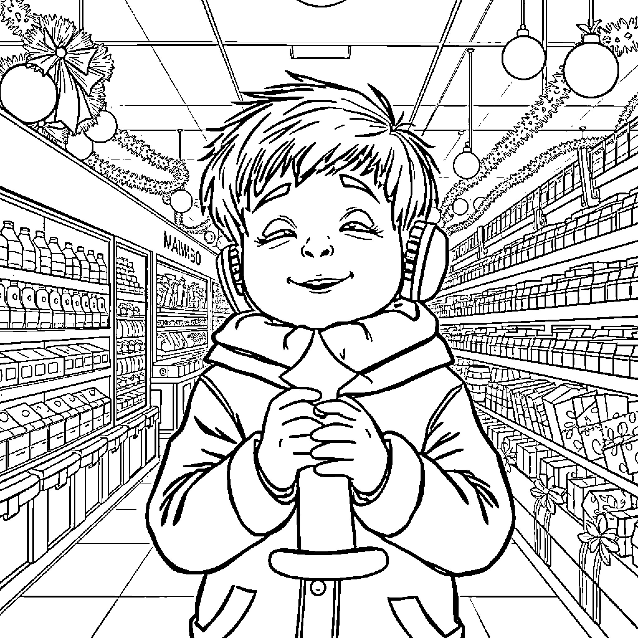 Niño excitado de compras en el supermercado Coloring Page (free black-and-white line drawing printable PDF for all, from beginners to advanced learners, including children, teens, adults, and seniors)