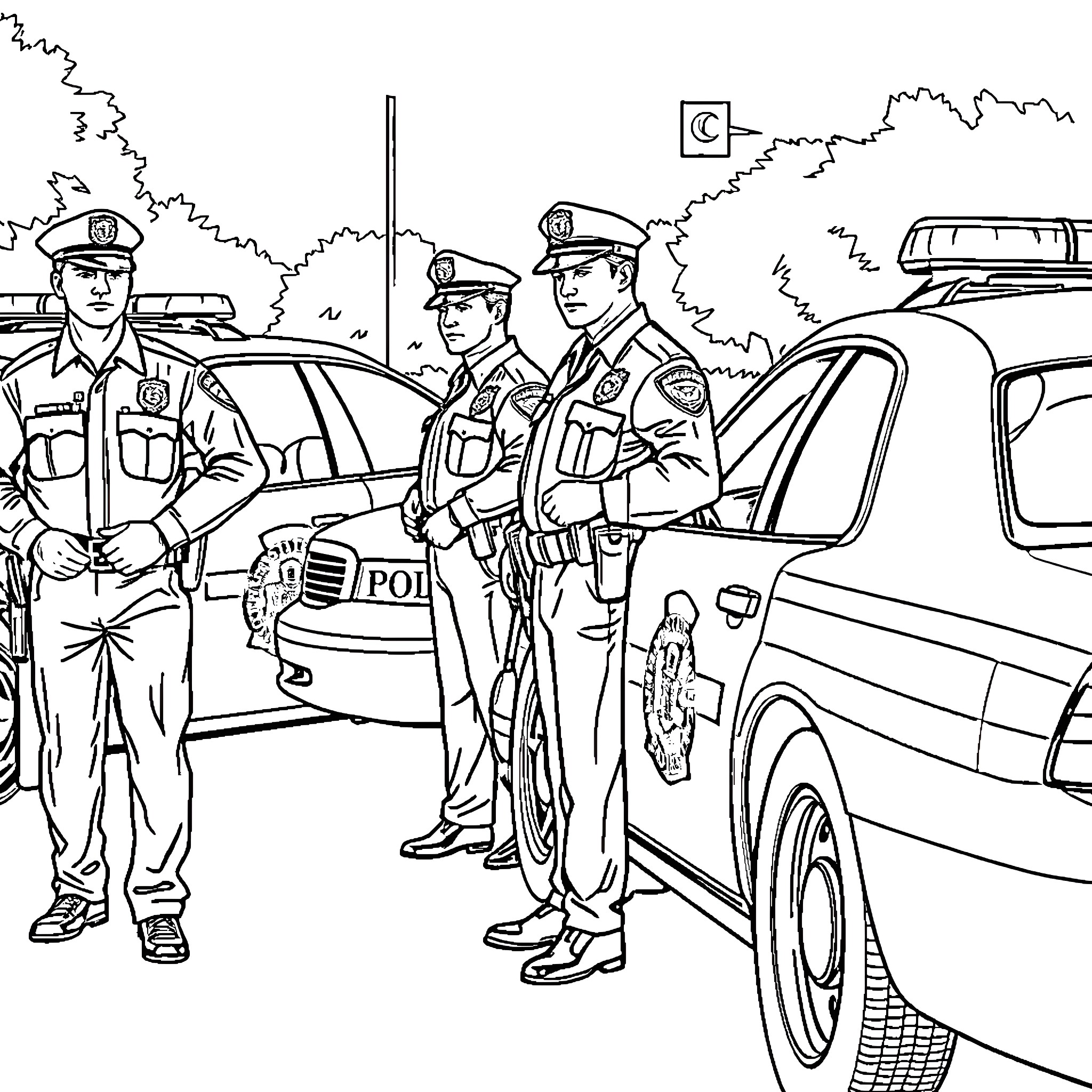 New York State Police Responding to Incident Coloring Page (free black-and-white line drawing printable PDF for all, from beginners to advanced learners, including children, teens, adults, and seniors)