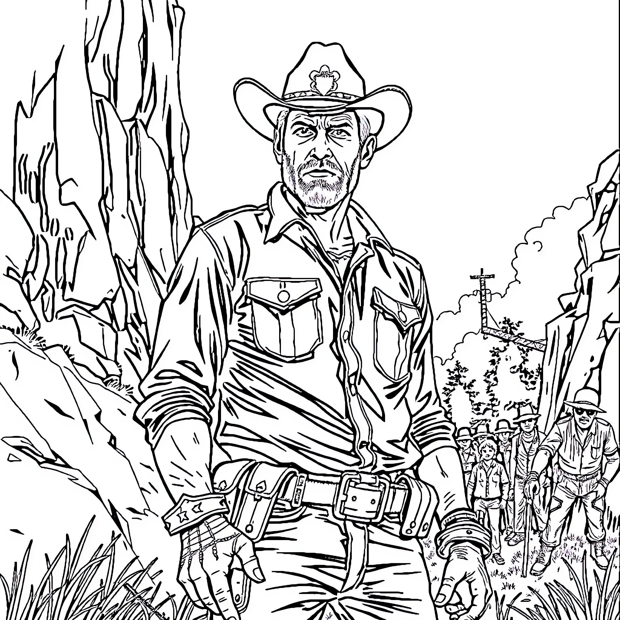 Rick Grimes leading a group through a rugged landscape Coloring Page (free black-and-white line drawing printable PDF for all, from beginners to advanced learners, including children, teens, adults, and seniors)