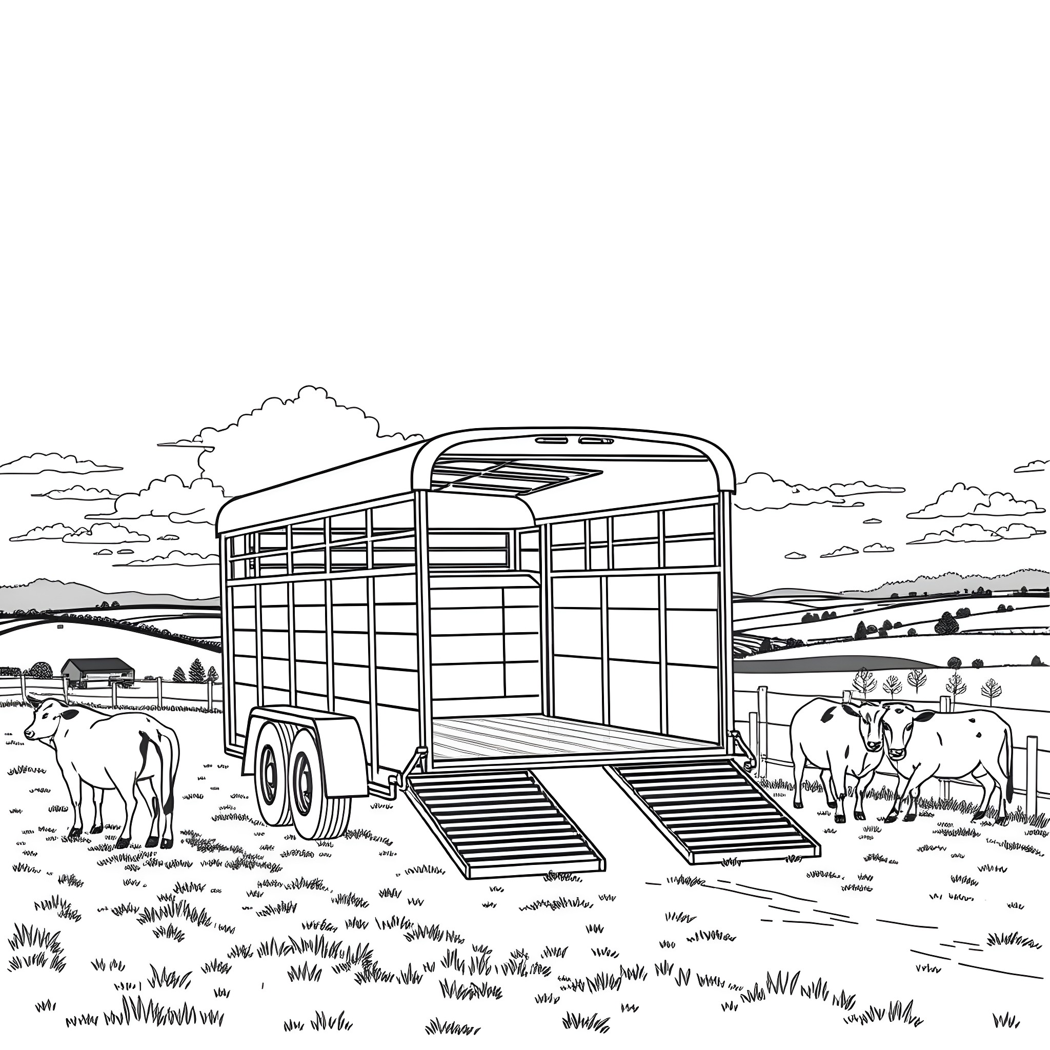 Livestock Trailer Transporting Cattle in Scenic Countryside Coloring Page (free black-and-white line drawing printable PDF for all, from beginners to advanced learners, including children, teens, adults, and seniors)