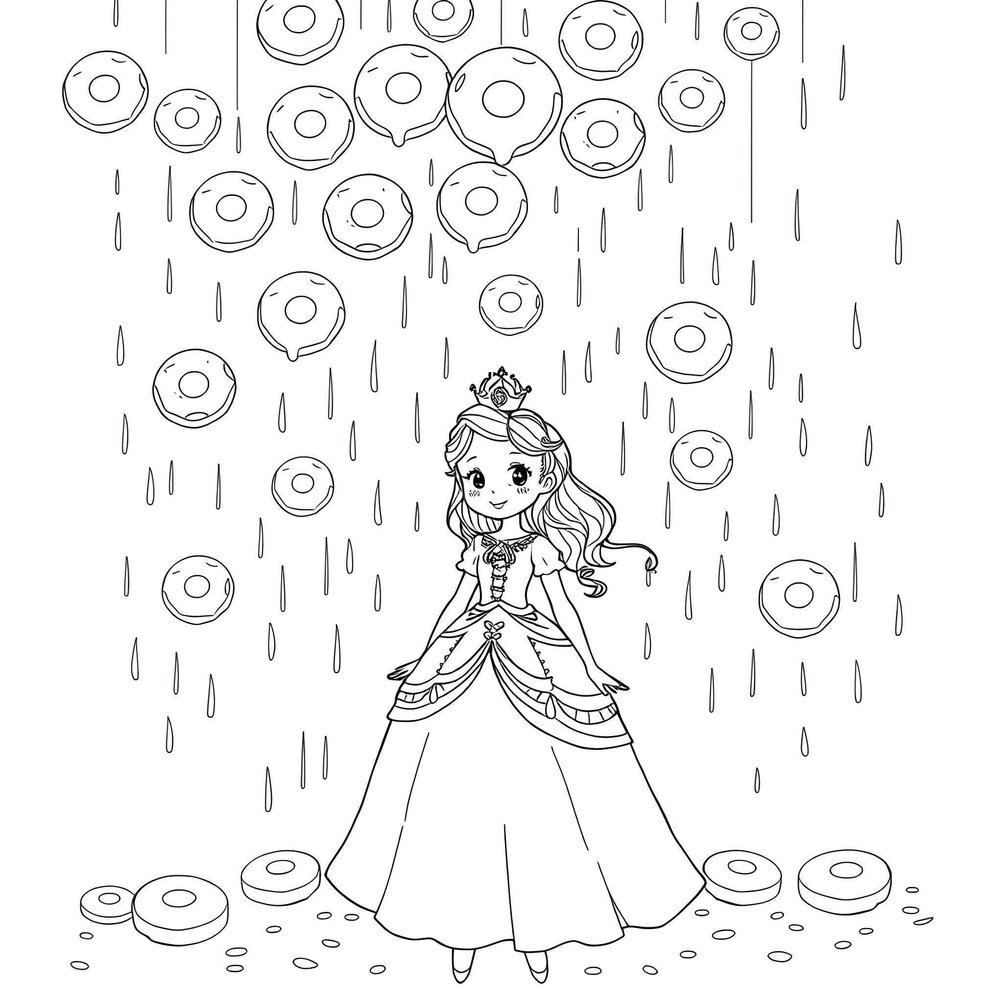 Princess in a Whimsical Downpour Coloring Page (free black-and-white line drawing printable PDF for all, from beginners to advanced learners, including children, teens, adults, and seniors)