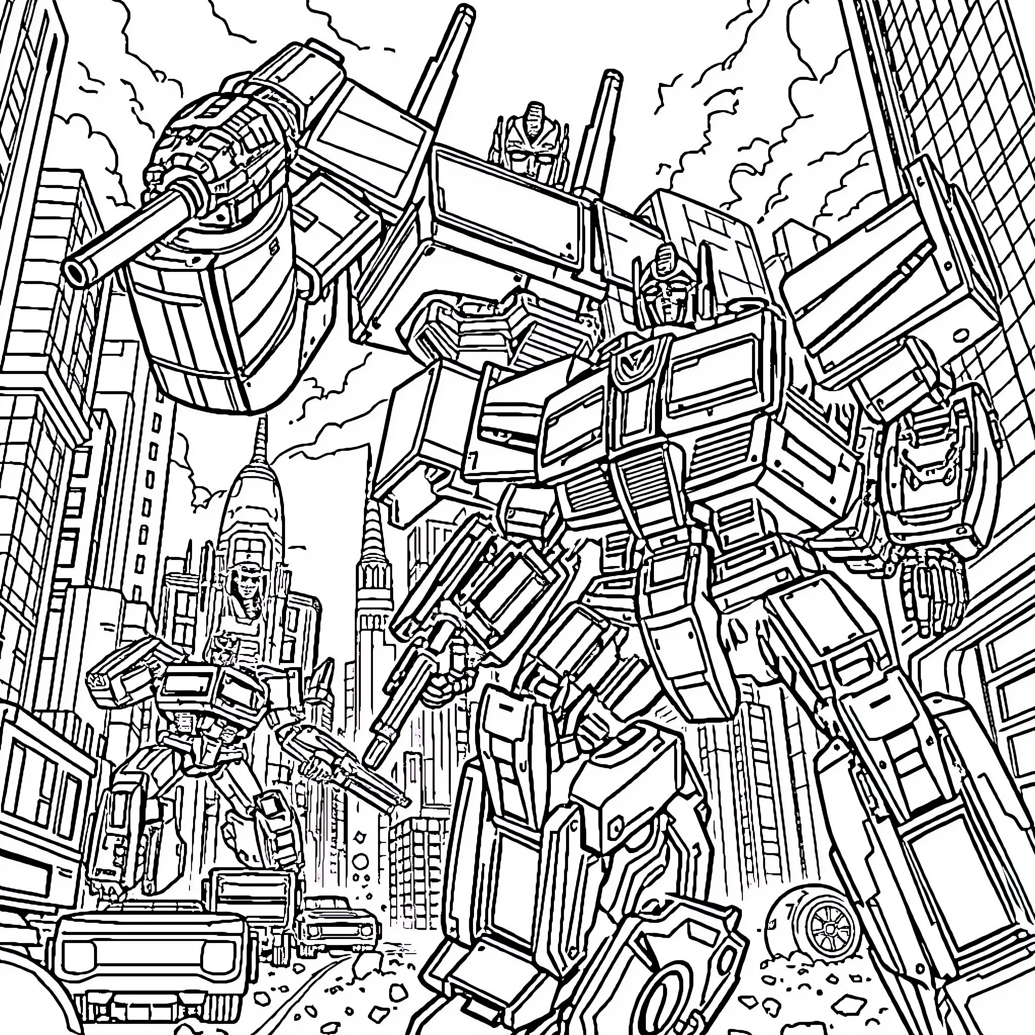 Transformers battle rages in the city streets Coloring Page (free black-and-white line drawing printable PDF for all, from beginners to advanced learners, including children, teens, adults, and seniors)