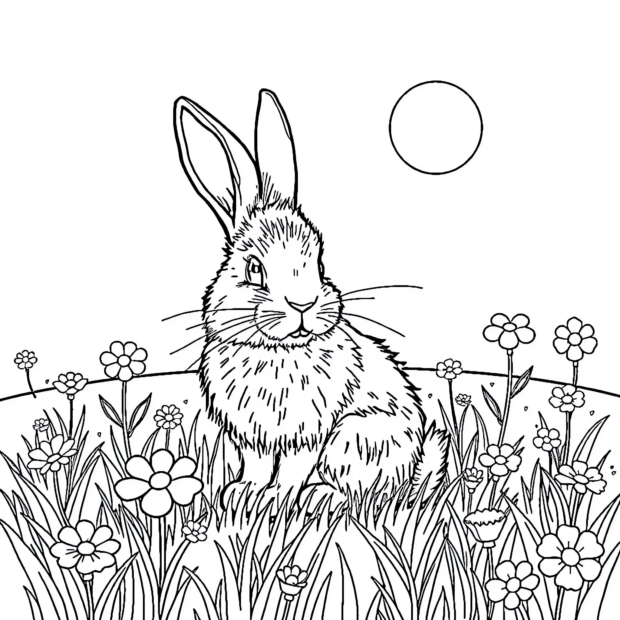 Rabbit sitting in a flower-filled meadow Coloring Page (free black-and-white line drawing printable PDF for all, from beginners to advanced learners, including children, teens, adults, and seniors)