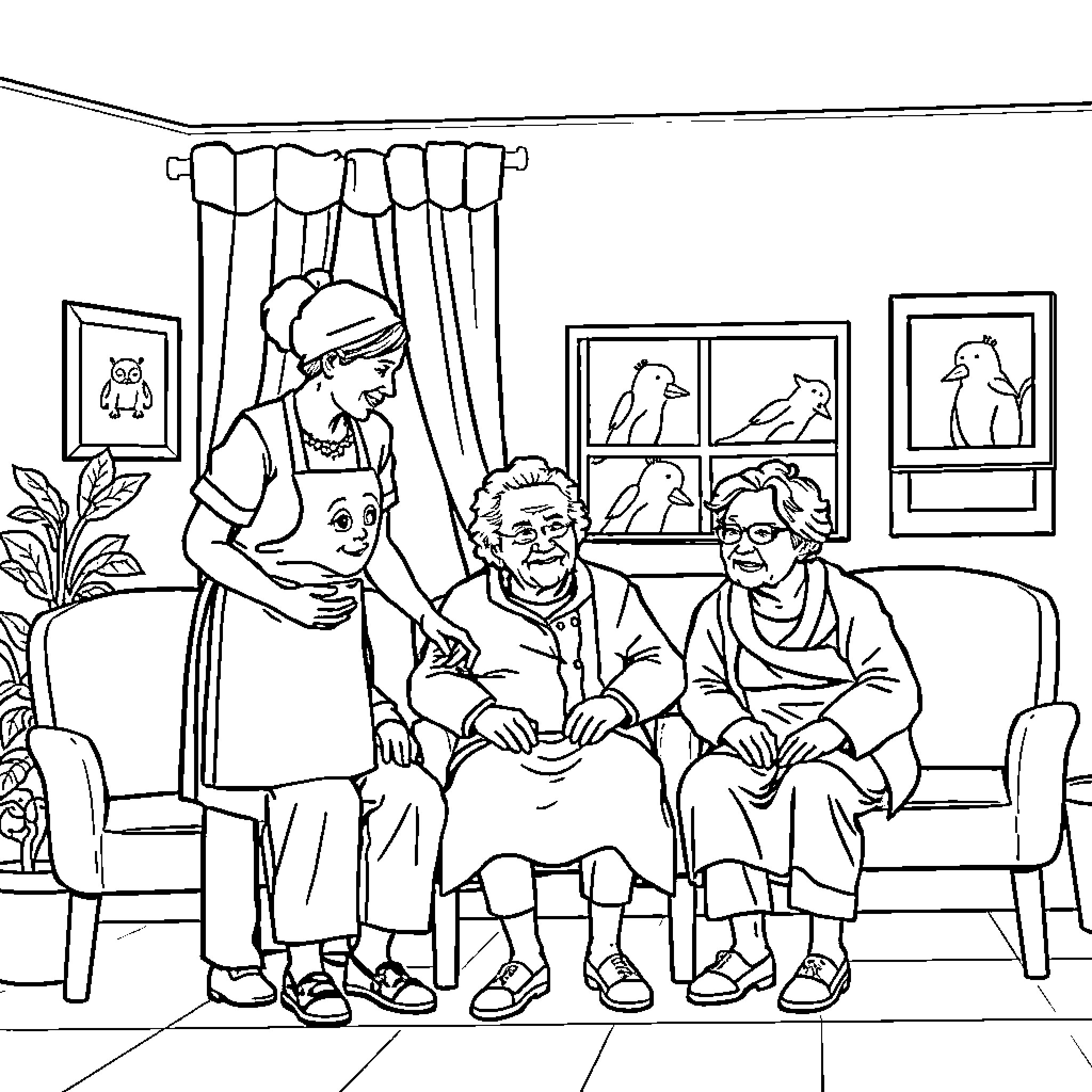 Auxiliar Assistants Helping Elderly in Comfortable Home Coloring Page (free black-and-white line drawing printable PDF for all, from beginners to advanced learners, including children, teens, adults, and seniors)