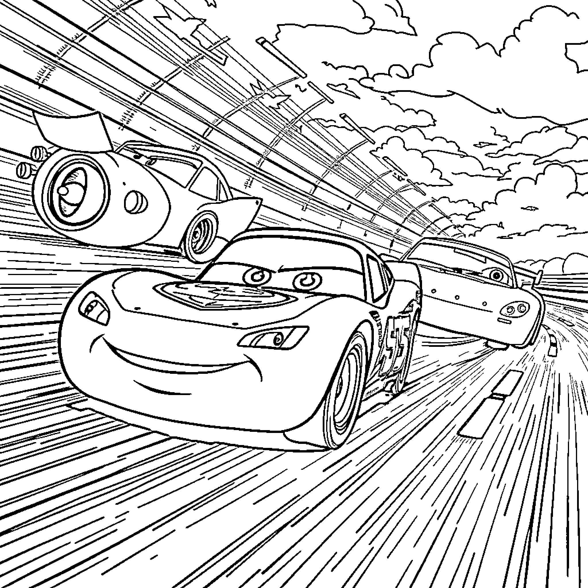 Rayo McQueen racing through the storm Coloring Page (free black-and-white line drawing printable PDF for all, from beginners to advanced learners, including children, teens, adults, and seniors)