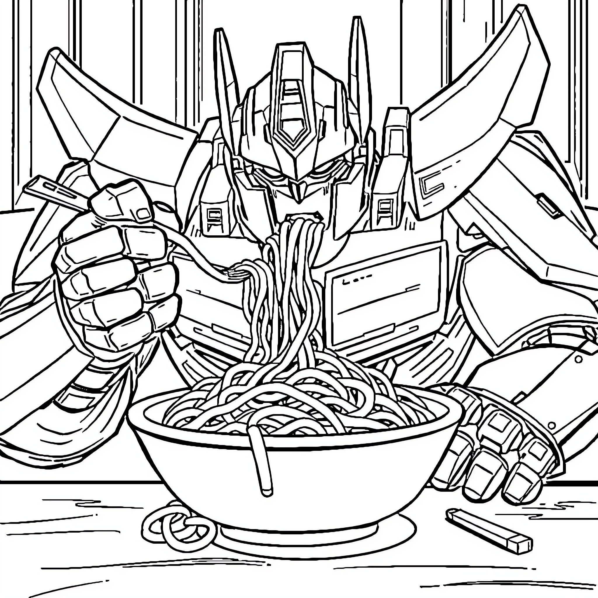 Megatron Enjoying a Bowl of Noodles Coloring Page (free black-and-white line drawing printable PDF for all, from beginners to advanced learners, including children, teens, adults, and seniors)