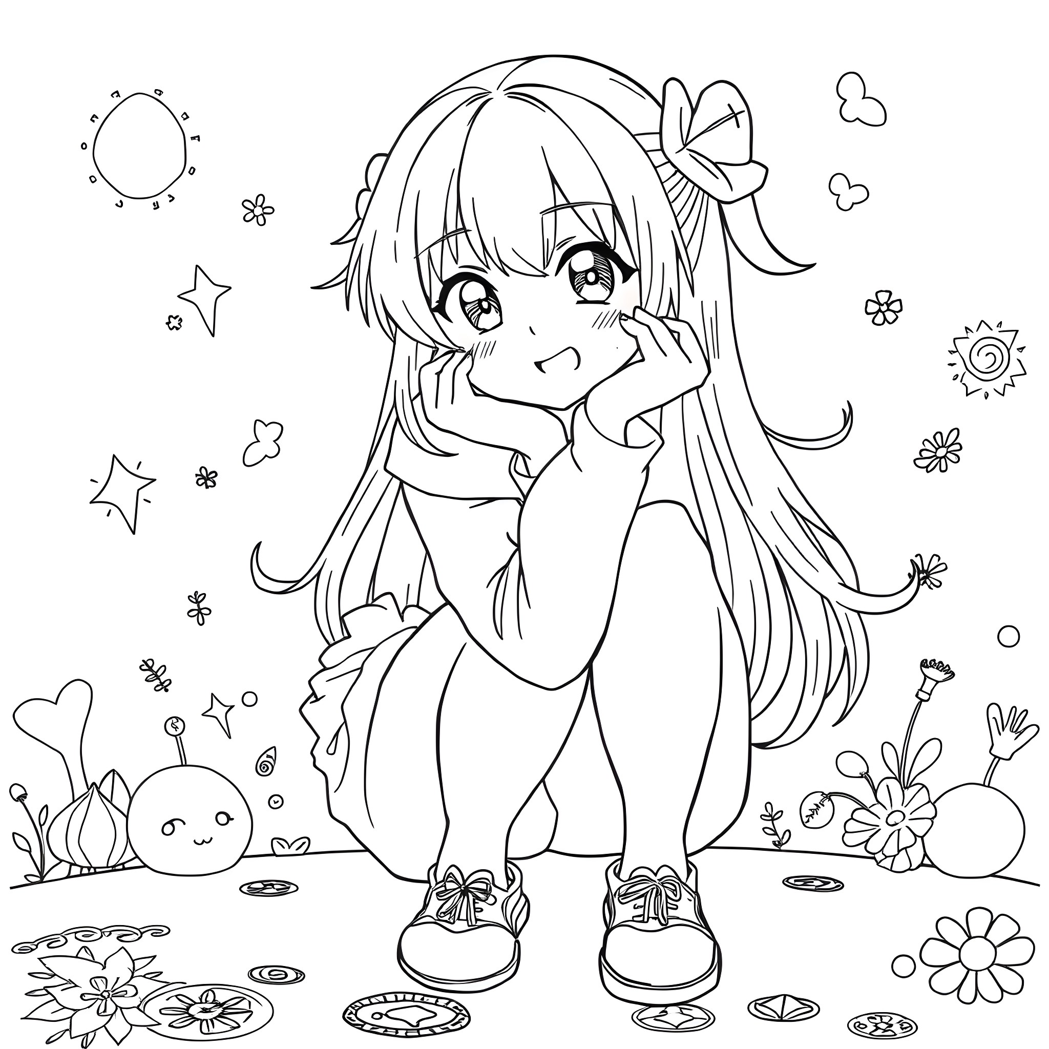 Anime Girl in Whimsical Floral Garden Coloring Page (free black-and-white line drawing printable PDF for all, from beginners to advanced learners, including children, teens, adults, and seniors)