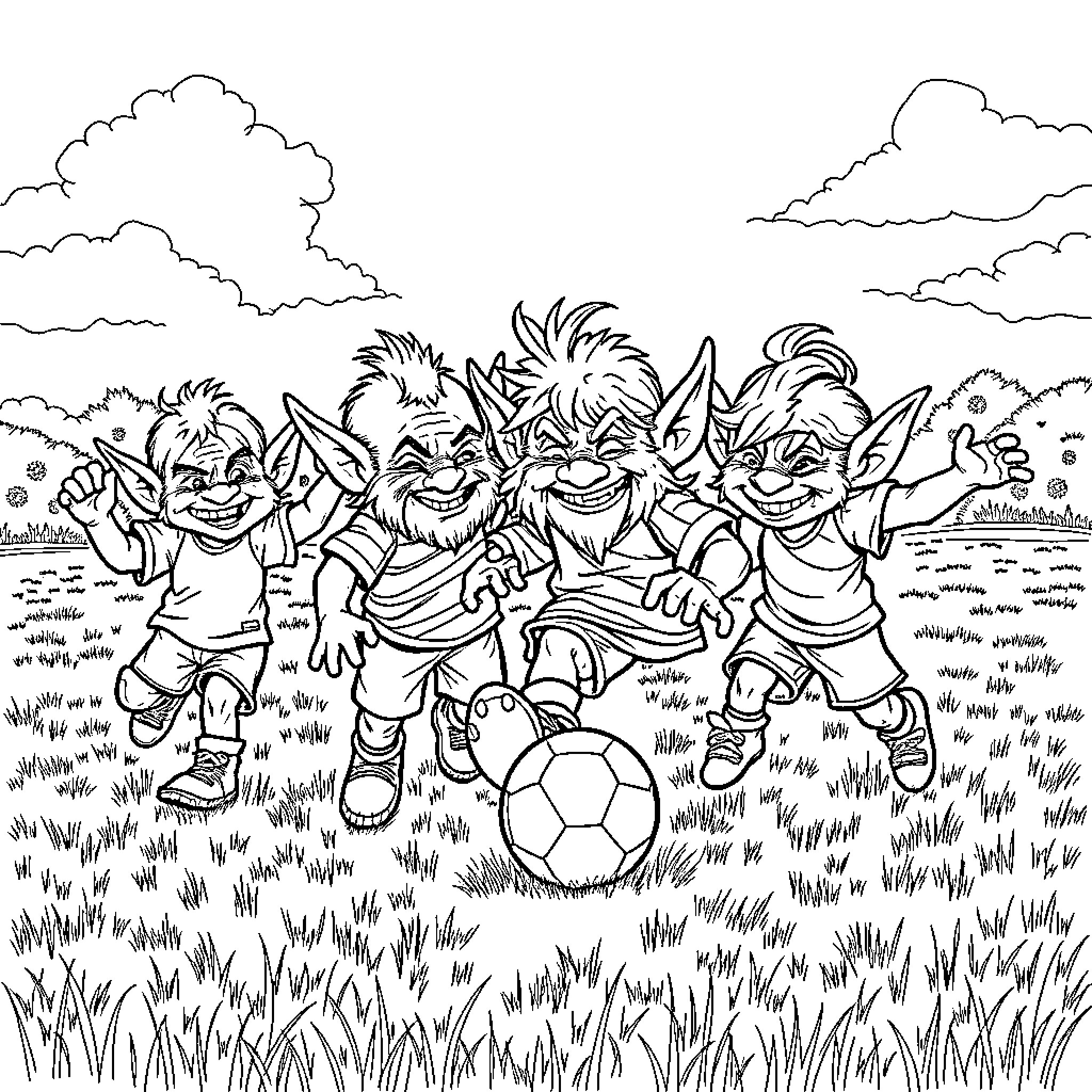 Orc Soccer Team Celebrates on the Pitch Coloring Page (free black-and-white line drawing printable PDF for all, from beginners to advanced learners, including children, teens, adults, and seniors)