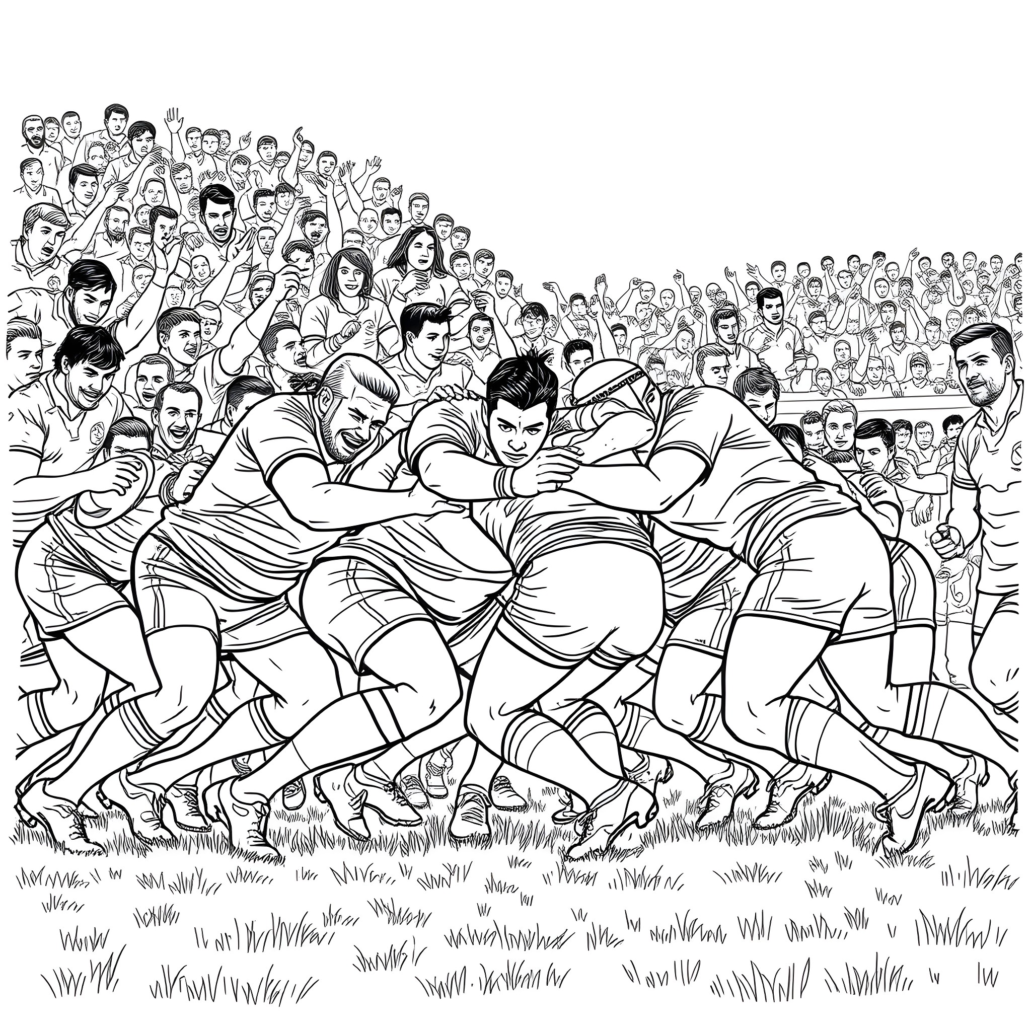 Rugby Players Engaged in an Intense Match Coloring Page (free black-and-white line drawing printable PDF for all, from beginners to advanced learners, including children, teens, adults, and seniors)