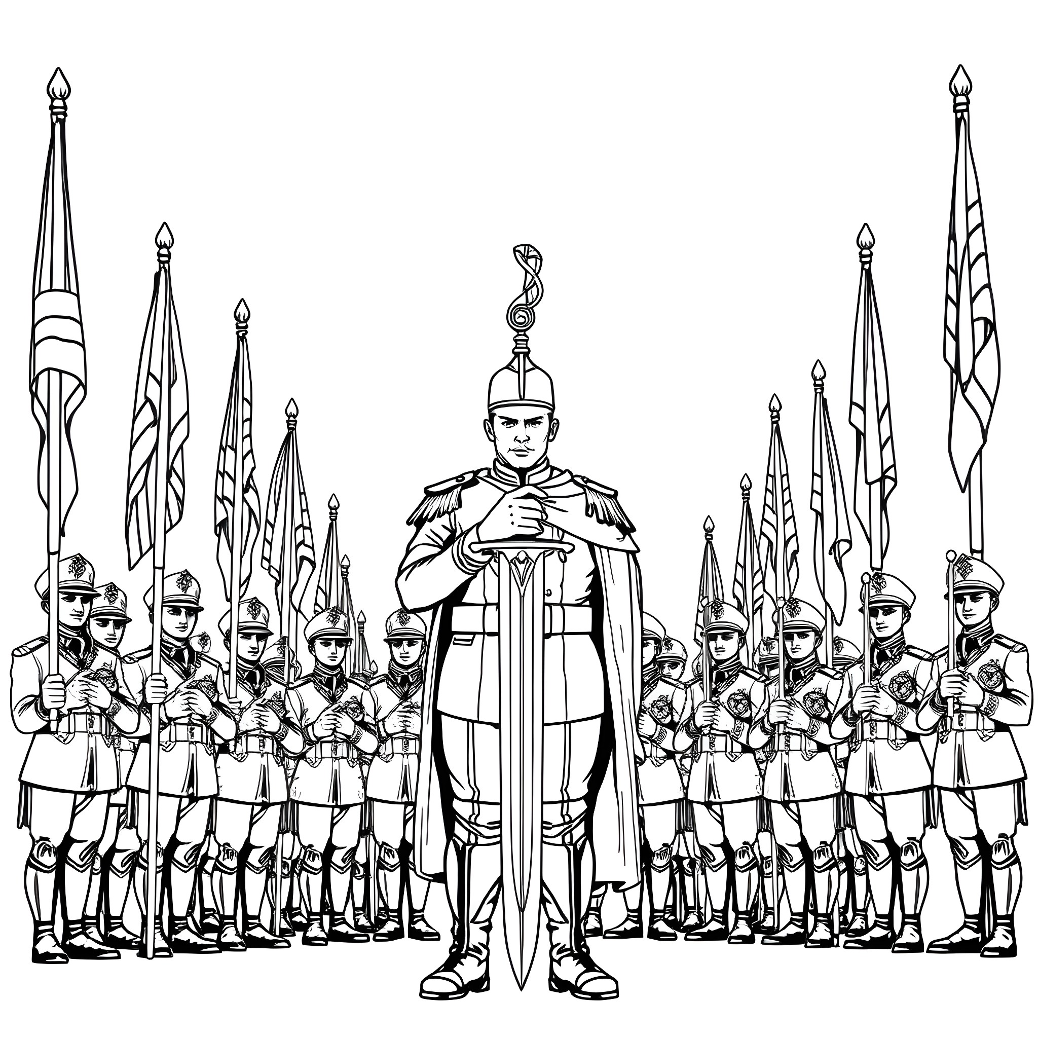 Bob Kneer leads a ceremonial march of uniformed soldiers Coloring Page (free black-and-white line drawing printable PDF for all, from beginners to advanced learners, including children, teens, adults, and seniors)