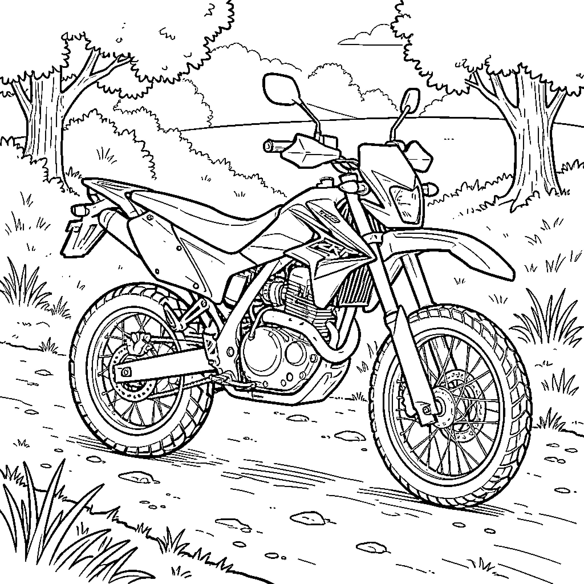Honda 250 CRF R parked on a dirt path Coloring Page (free black-and-white line drawing printable PDF for all, from beginners to advanced learners, including children, teens, adults, and seniors)