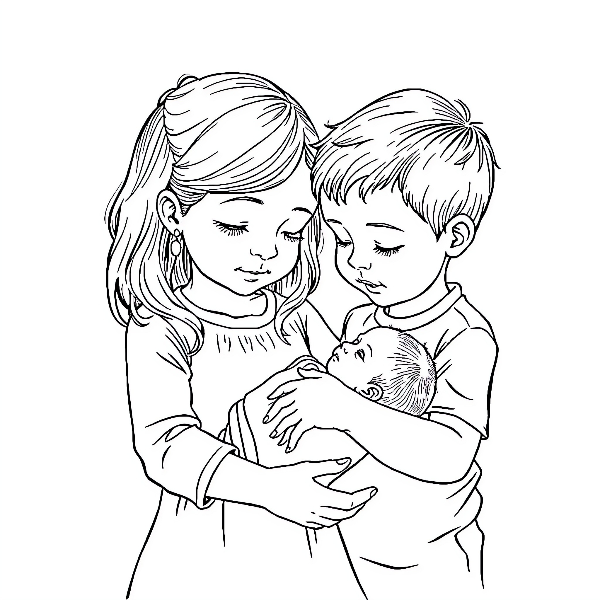 Child siblings embracing baby with care Coloring Page (free black-and-white line drawing printable PDF for all, from beginners to advanced learners, including children, teens, adults, and seniors)