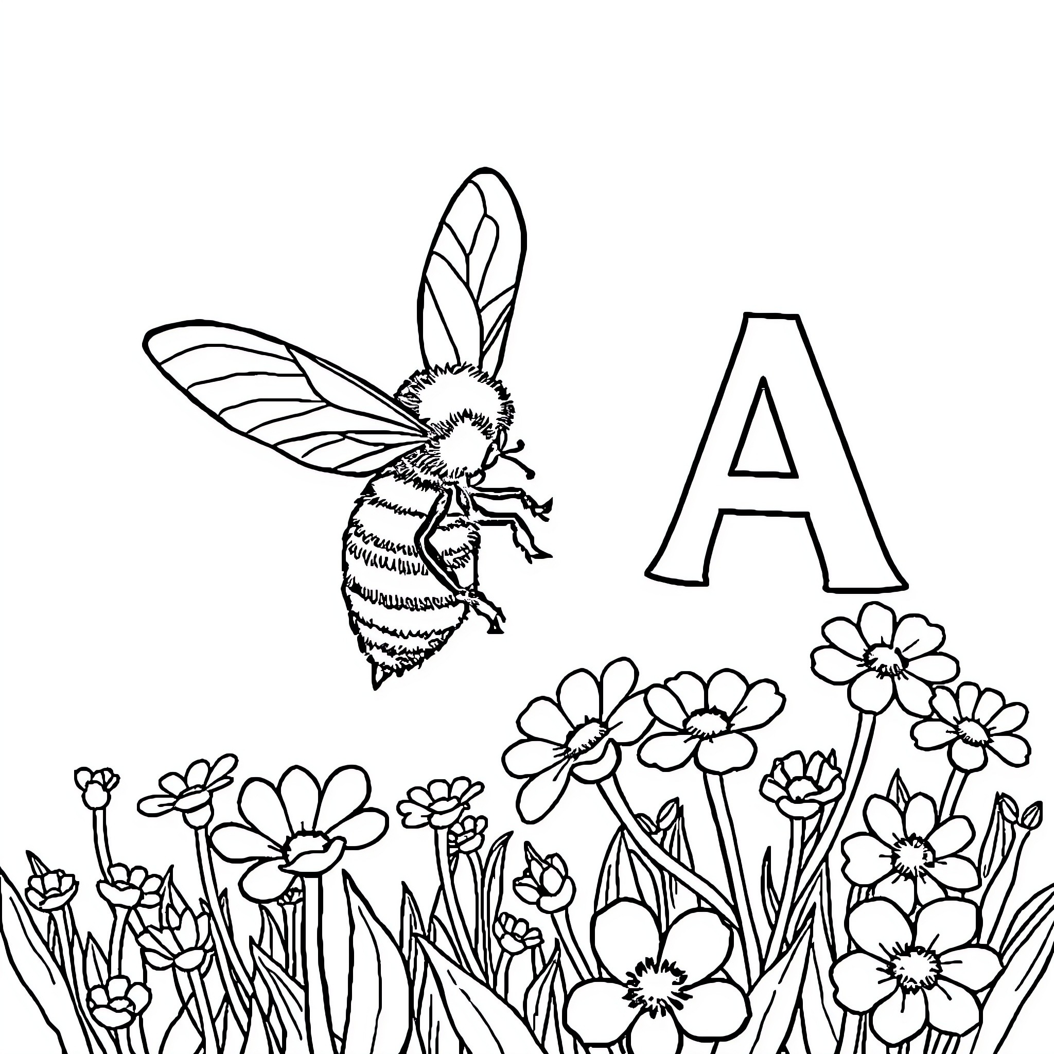 Bee explores a floral meadow Coloring Page (free black-and-white line drawing printable PDF for all, from beginners to advanced learners, including children, teens, adults, and seniors)