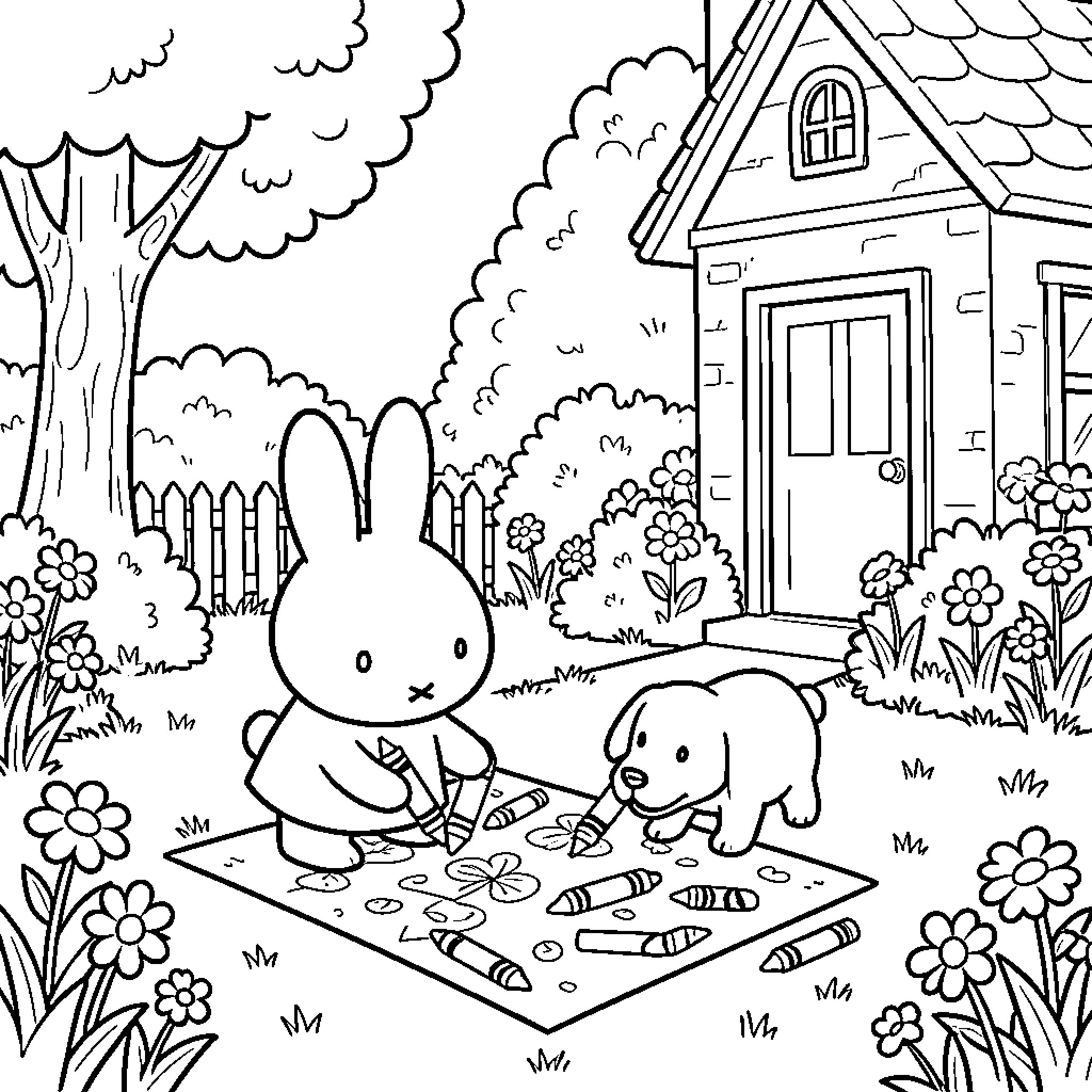 Miffy and Friend Enjoying a Picnic in the Garden Coloring Page (free black-and-white line drawing printable PDF for all, from beginners to advanced learners, including children, teens, adults, and seniors)