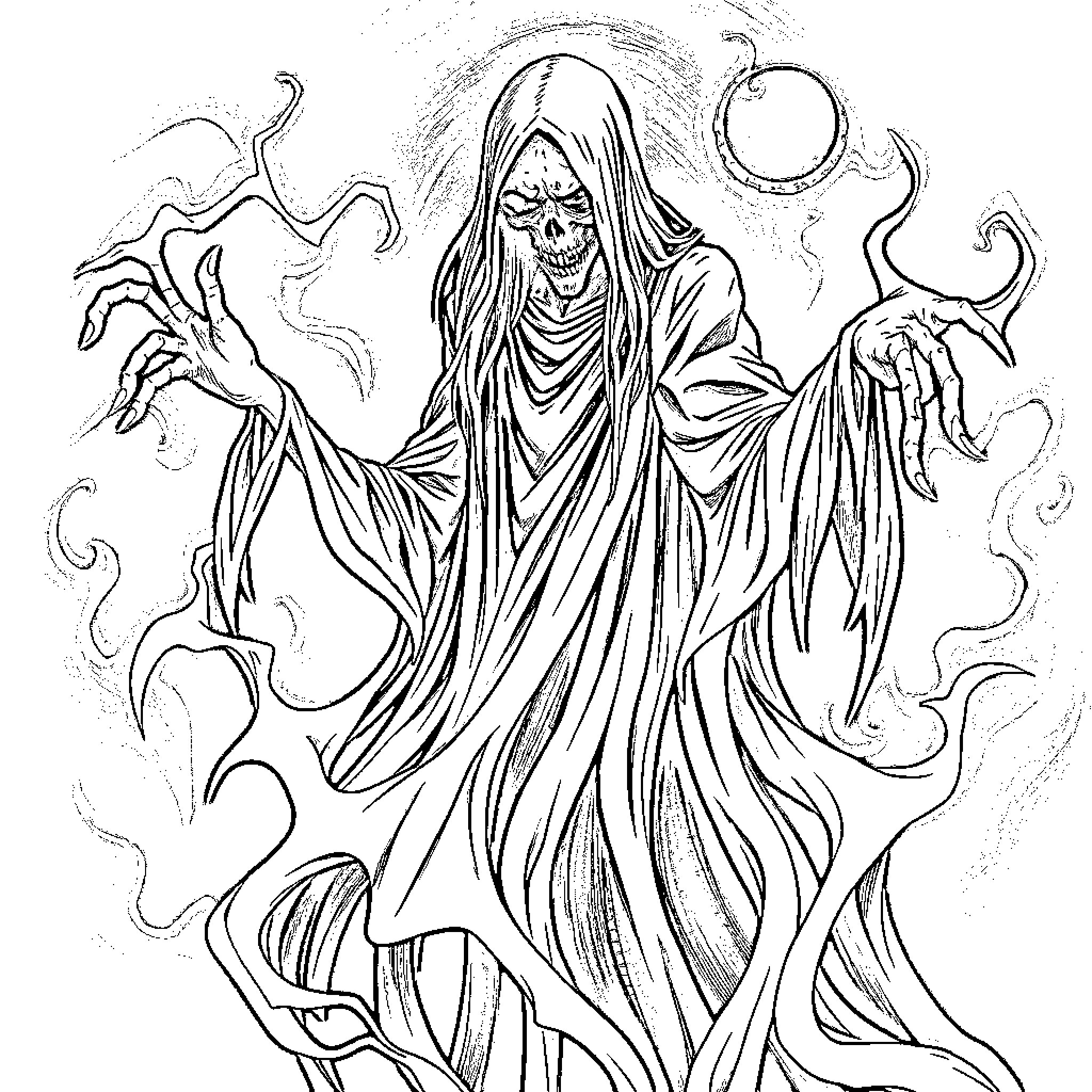 Ghost of darkness and mystic forces Coloring Page (free black-and-white line drawing printable PDF for all, from beginners to advanced learners, including children, teens, adults, and seniors)