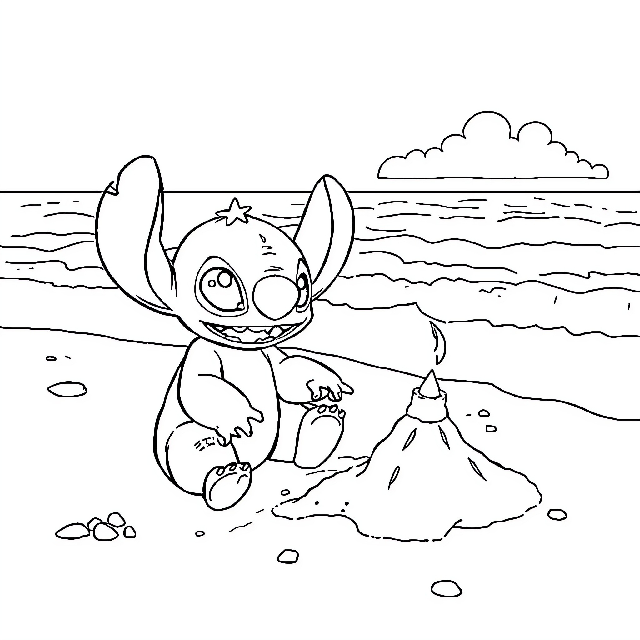 Stitch building a sandcastle on the beach Coloring Page (free black-and-white line drawing printable PDF for all, from beginners to advanced learners, including children, teens, adults, and seniors)