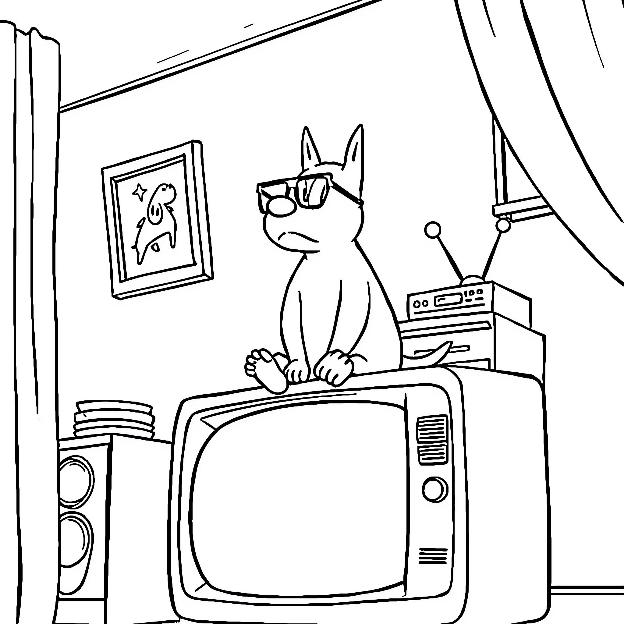 Arthur's Retro Tech Room Coloring Page (free black-and-white line drawing printable PDF for all, from beginners to advanced learners, including children, teens, adults, and seniors)
