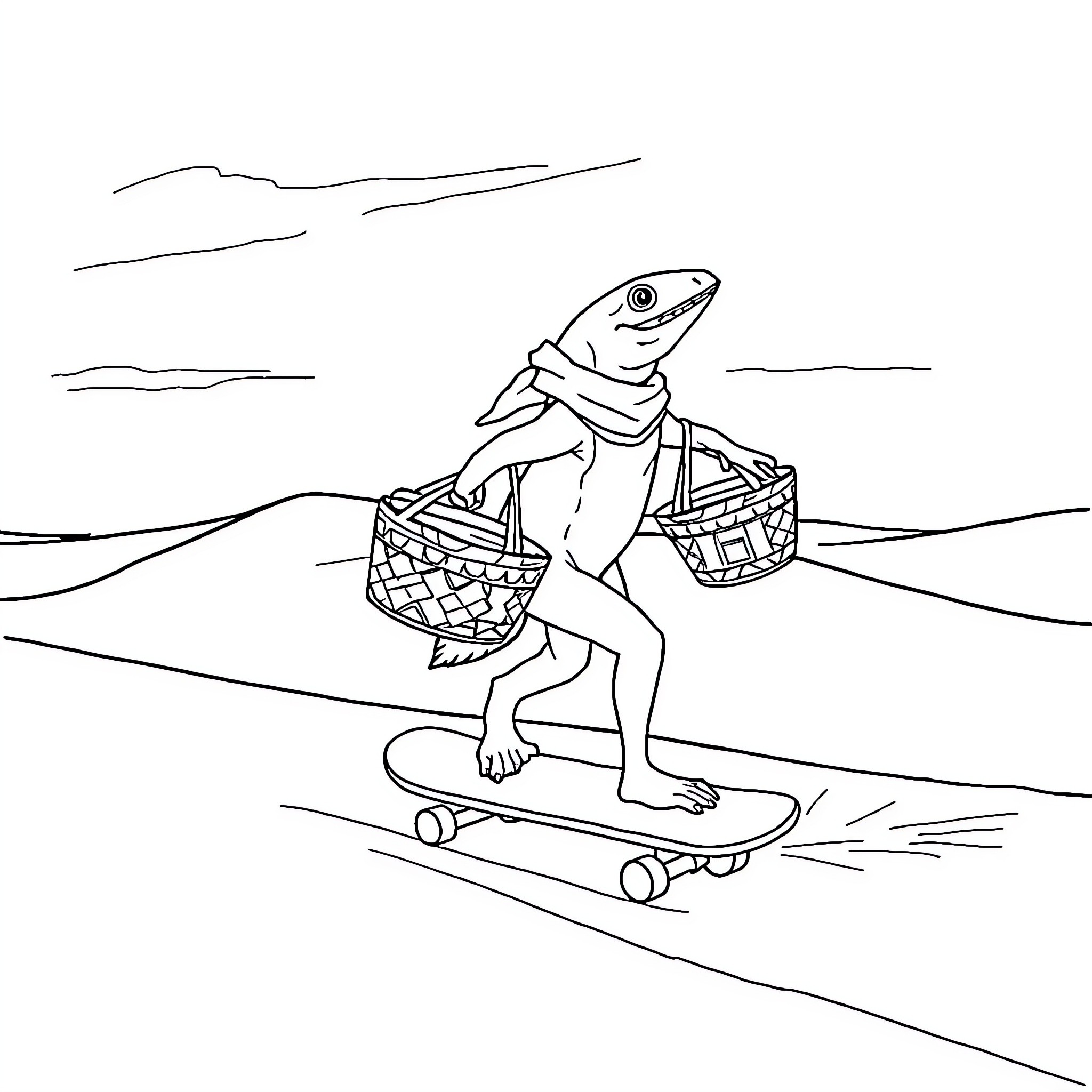 Shark skateboarding with baskets on beach Coloring Page (free black-and-white line drawing printable PDF for all, from beginners to advanced learners, including children, teens, adults, and seniors)