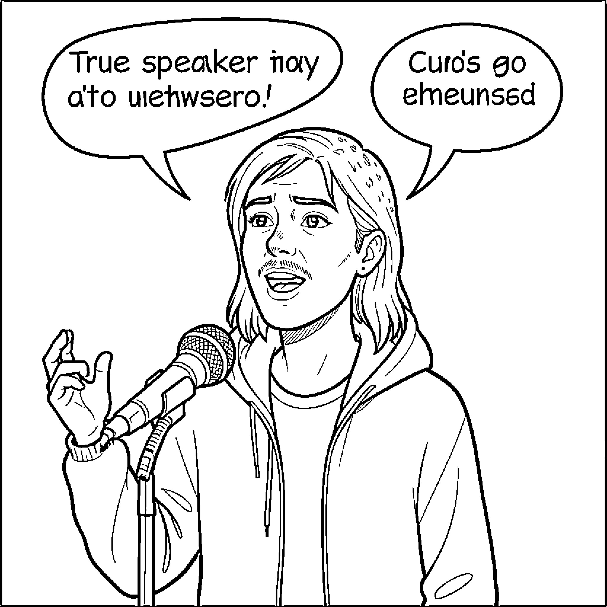 Speaker talking into a microphone with speech bubbles Coloring Page (free black-and-white line drawing printable PDF for all, from beginners to advanced learners, including children, teens, adults, and seniors)