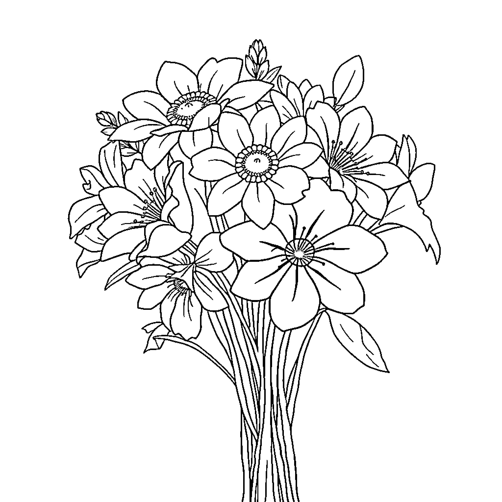 Flower bouquet of intricate floral designs Coloring Page (free black-and-white line drawing printable PDF for all, from beginners to advanced learners, including children, teens, adults, and seniors)