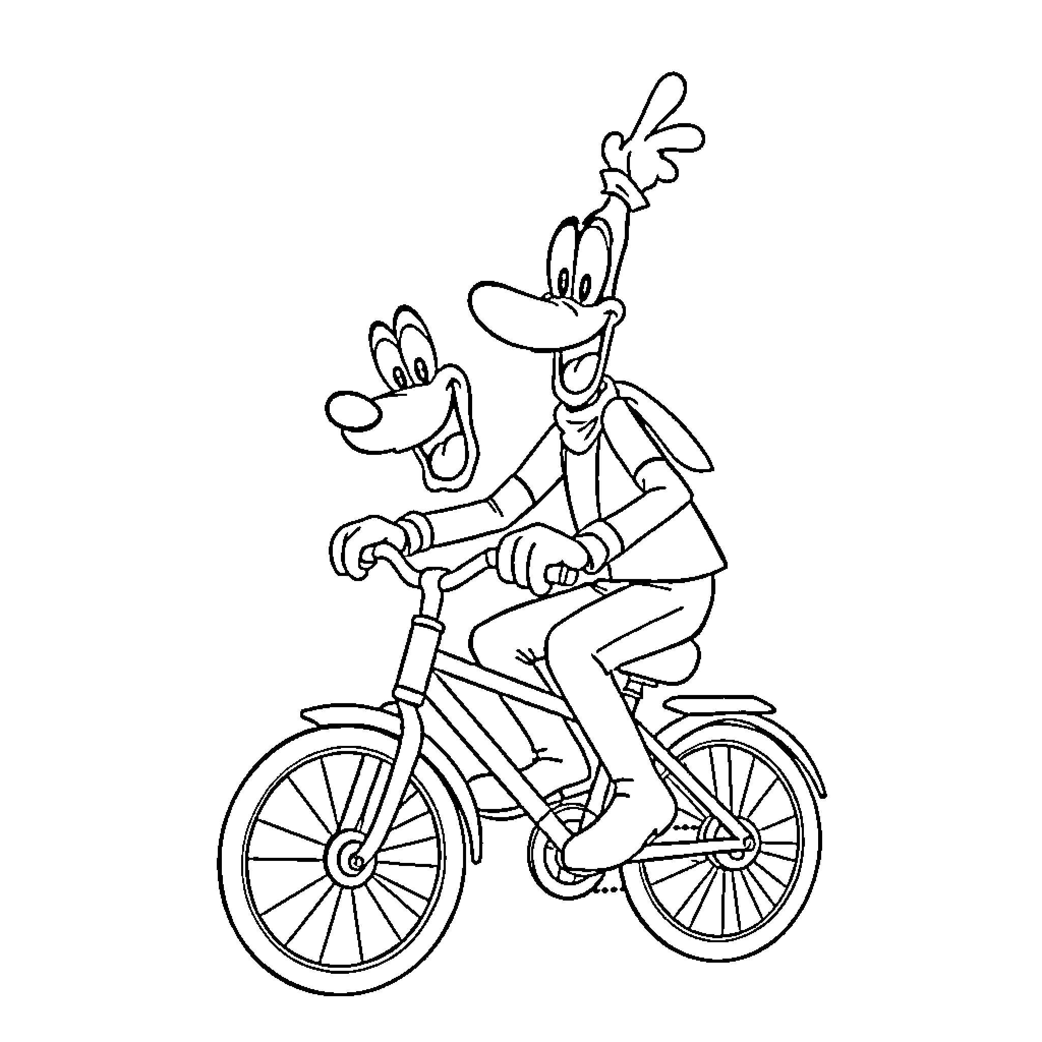 Goofy cartoon characters riding bicycle Coloring Page (free black-and-white line drawing printable PDF for all, from beginners to advanced learners, including children, teens, adults, and seniors)