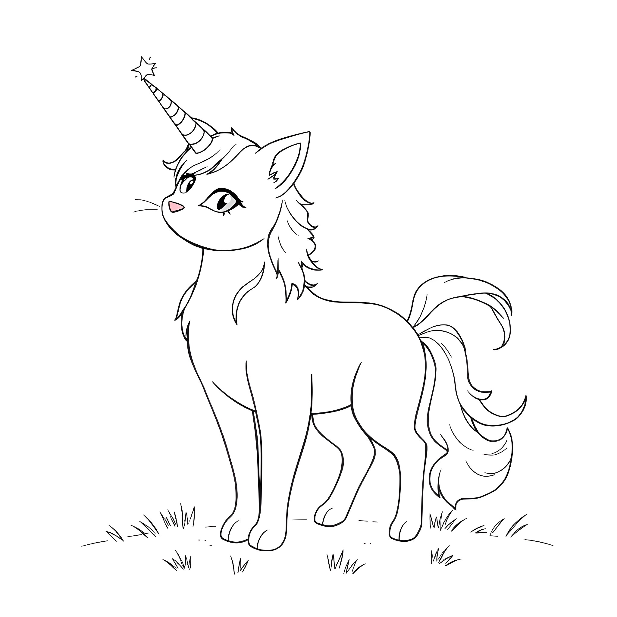 Unicorn Cat playing in the meadow Coloring Page (free black-and-white line drawing printable PDF for all, from beginners to advanced learners, including children, teens, adults, and seniors)