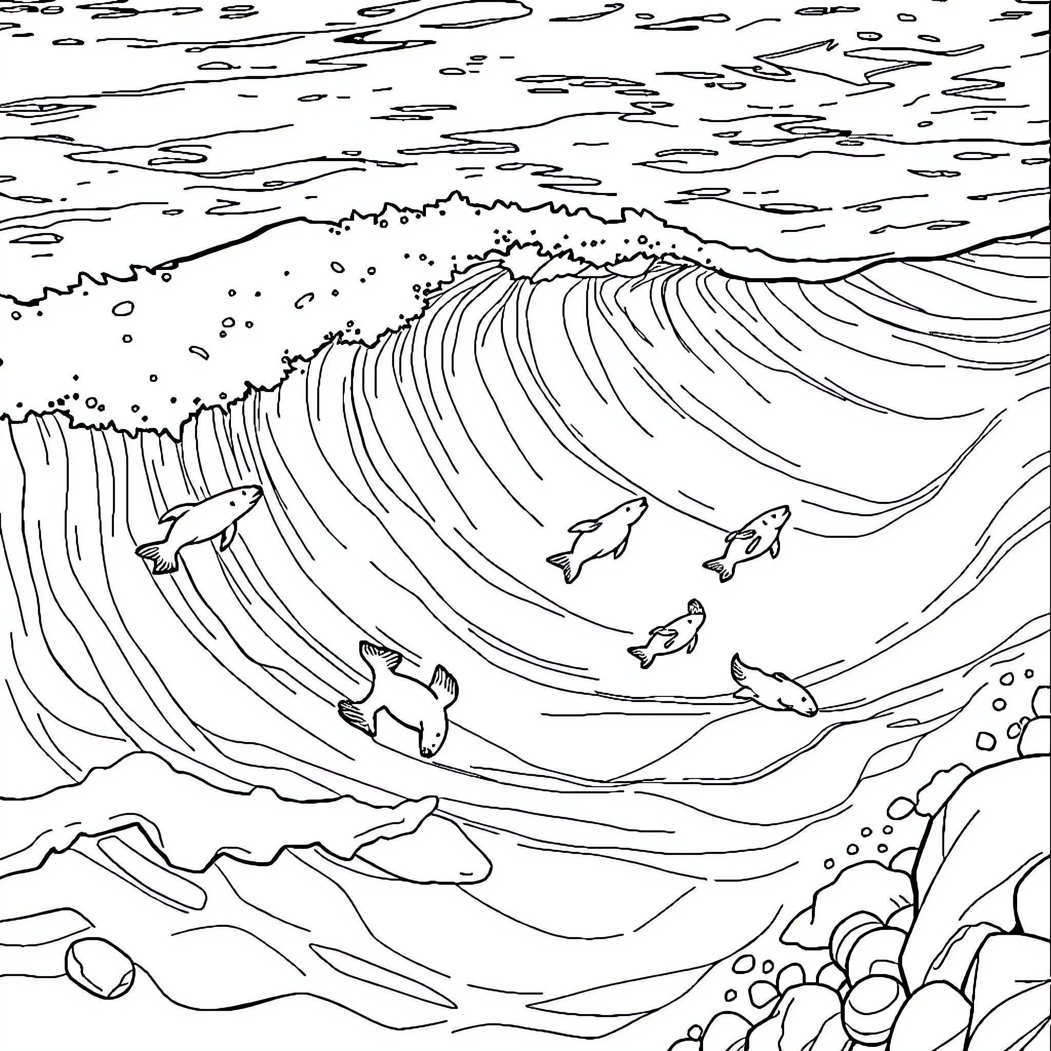 Sea Horse Surfing Dramatic Waves with Marine Wildlife Coloring Page (free black-and-white line drawing printable PDF for all, from beginners to advanced learners, including children, teens, adults, and seniors)
