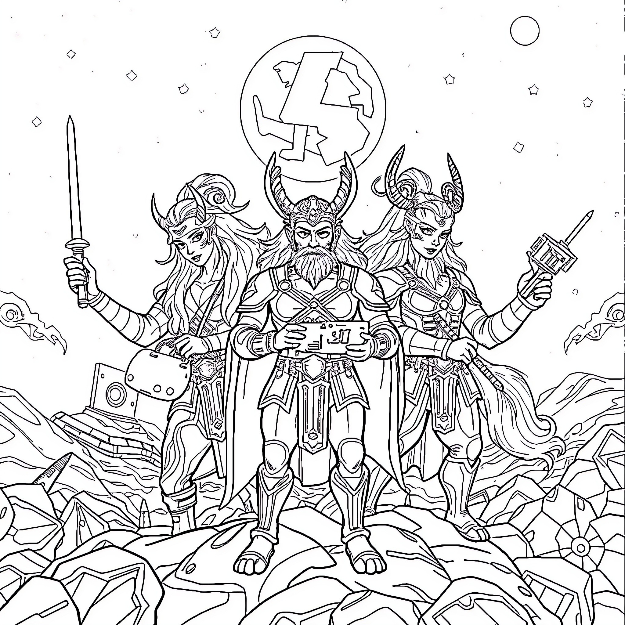 Caballero Warriors Wielding Swords in Fantastical Landscape Coloring Page (free black-and-white line drawing printable PDF for all, from beginners to advanced learners, including children, teens, adults, and seniors)