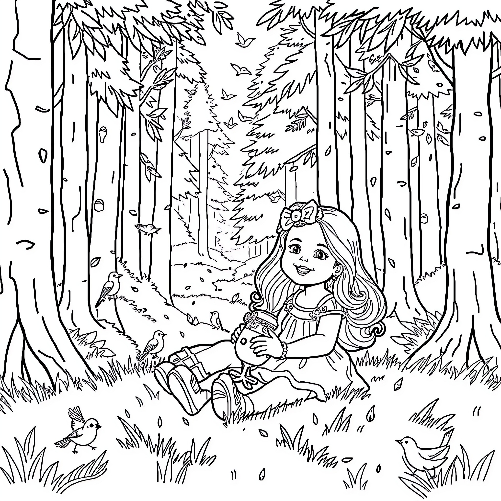 Baby playing cheerfully in the forest Coloring Page (free black-and-white line drawing printable PDF for all, from beginners to advanced learners, including children, teens, adults, and seniors)