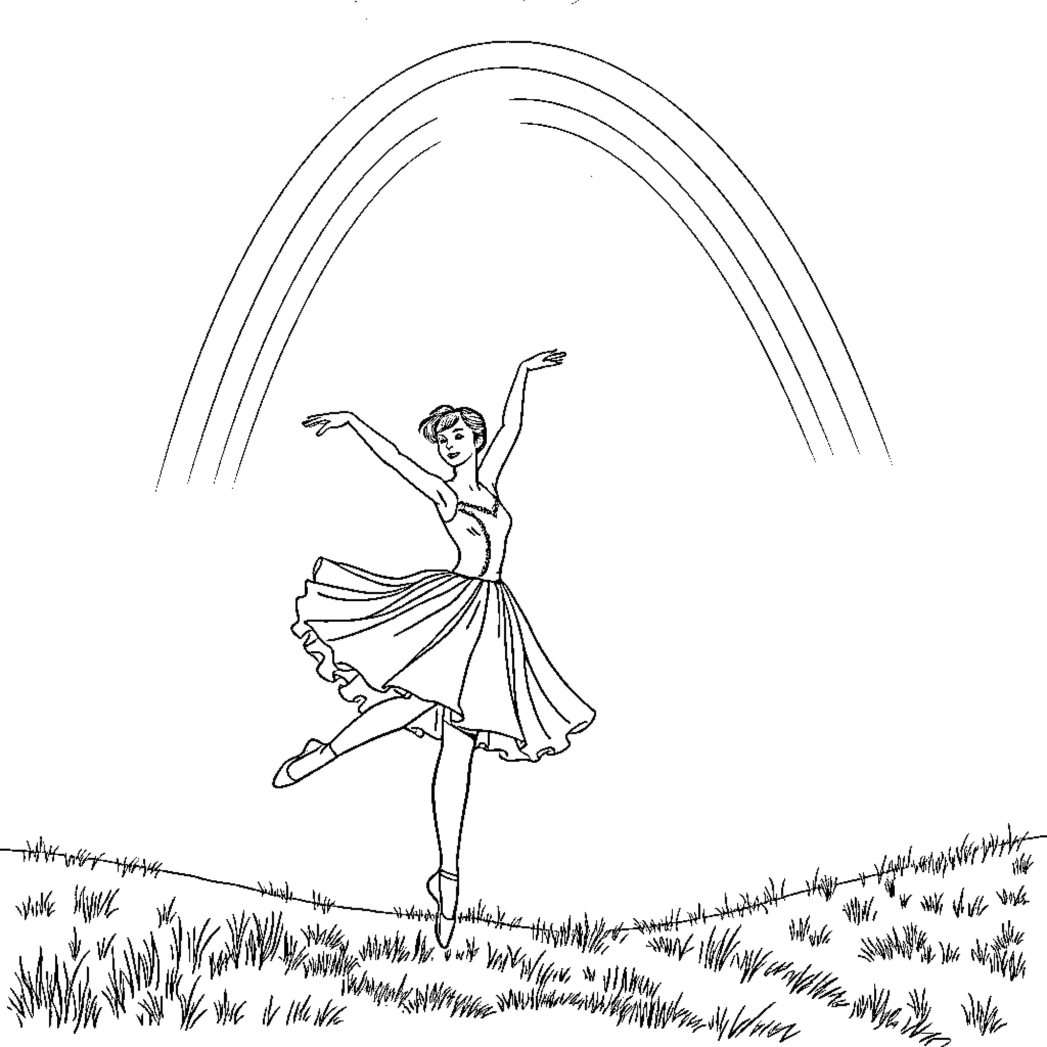 Ballerina dancing gracefully in a field Coloring Page (free black-and-white line drawing printable PDF for all, from beginners to advanced learners, including children, teens, adults, and seniors)