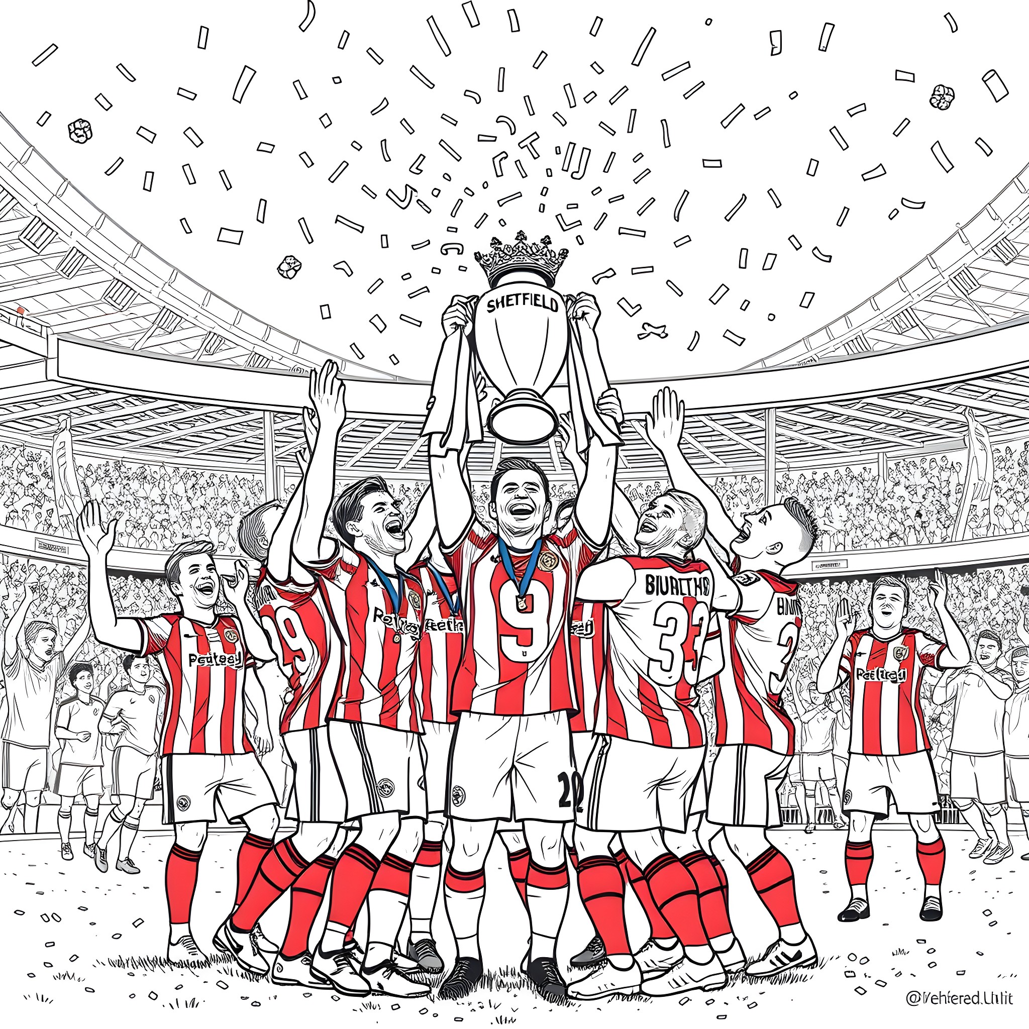 Sheffield United players celebrating victory on the pitch Coloring Page (free black-and-white line drawing printable PDF for all, from beginners to advanced learners, including children, teens, adults, and seniors)