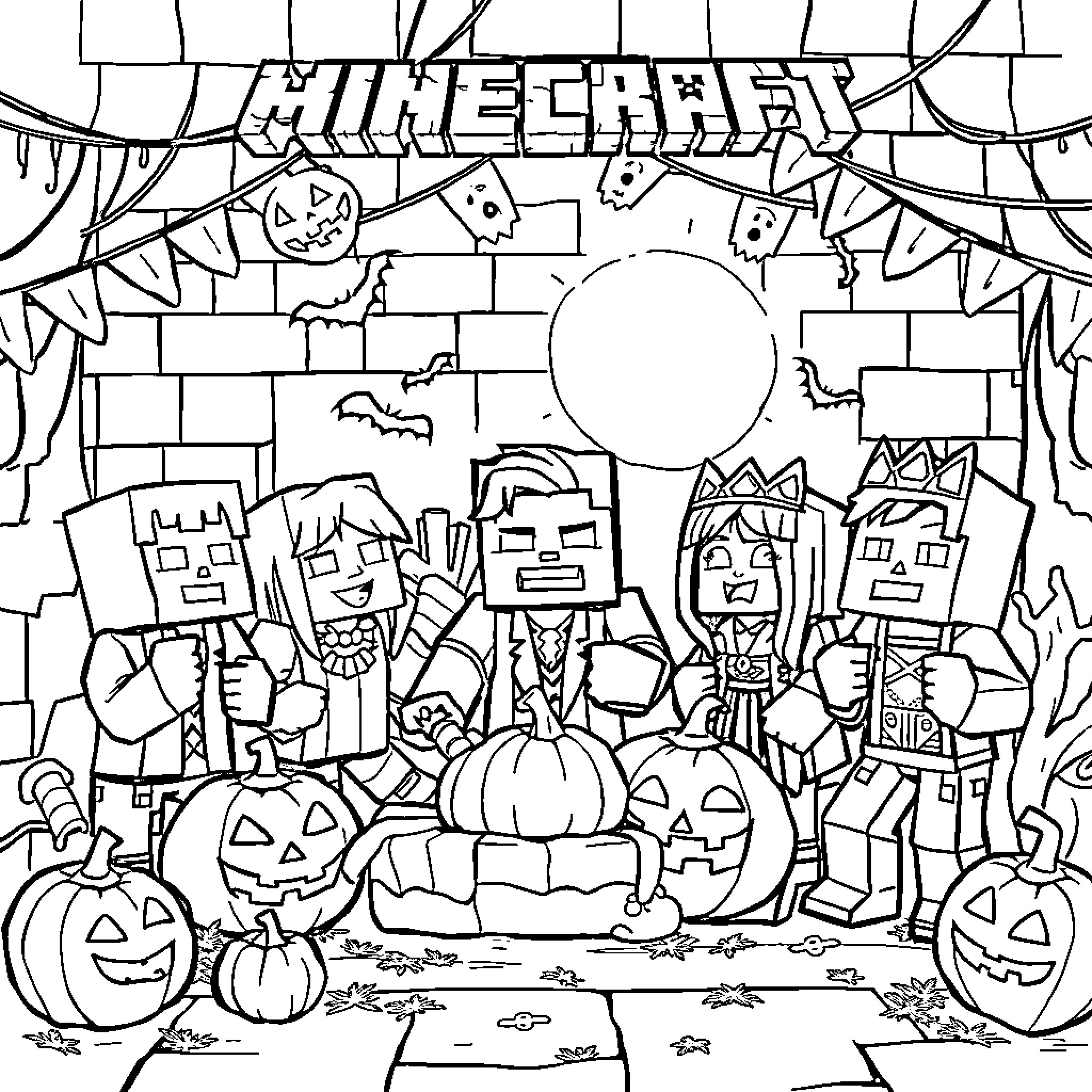 Minecraft characters celebrating Halloween Coloring Page (free black-and-white line drawing printable PDF for all, from beginners to advanced learners, including children, teens, adults, and seniors)